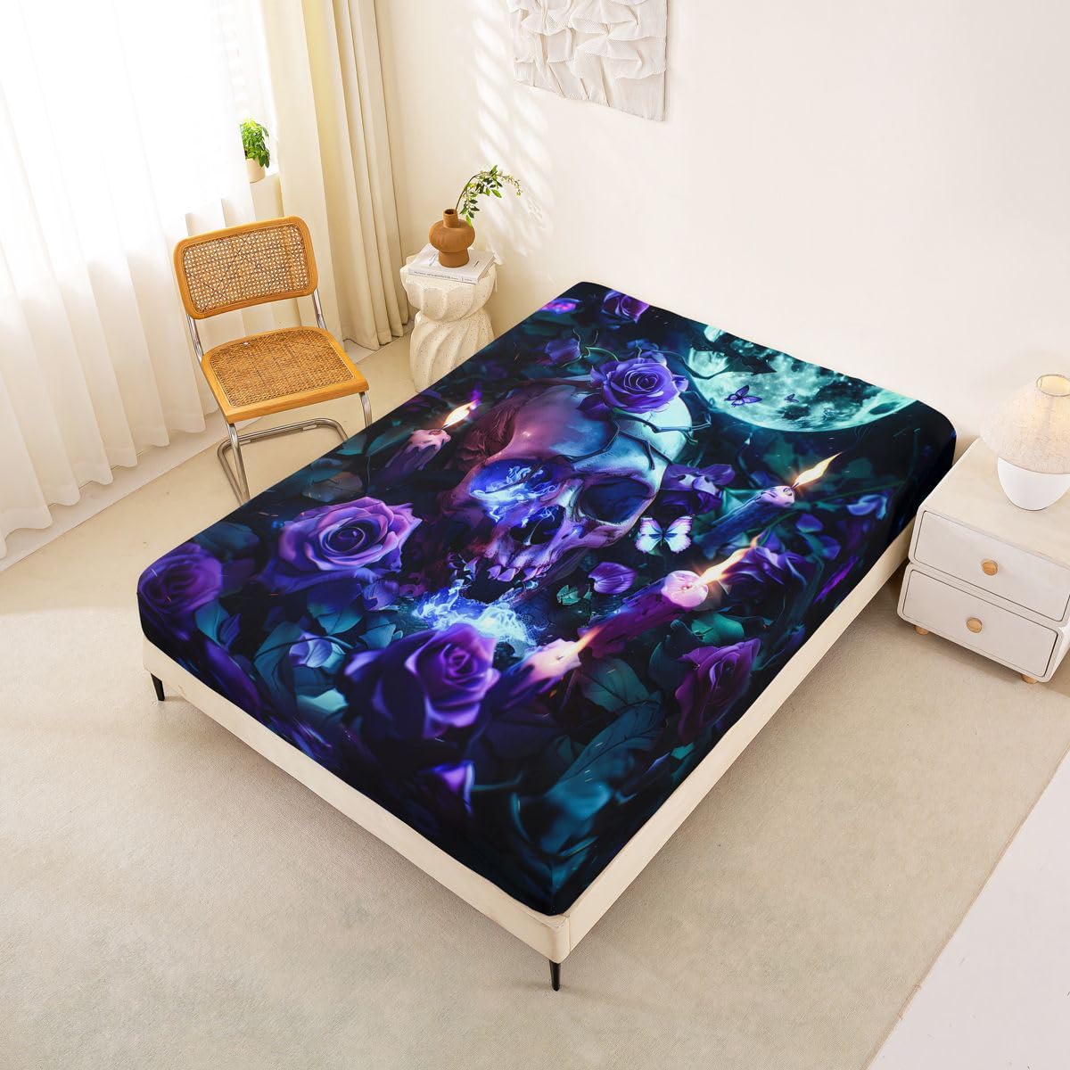Feelyou Sugar Skull Bed Sheets Set Full Size Halloween Themed Bed Set for Kids Boys Girls Rose Floral Flower Deep Pocket Fitted Sheet Butterfly Breathable Soft Lightweight Microfiber Candles