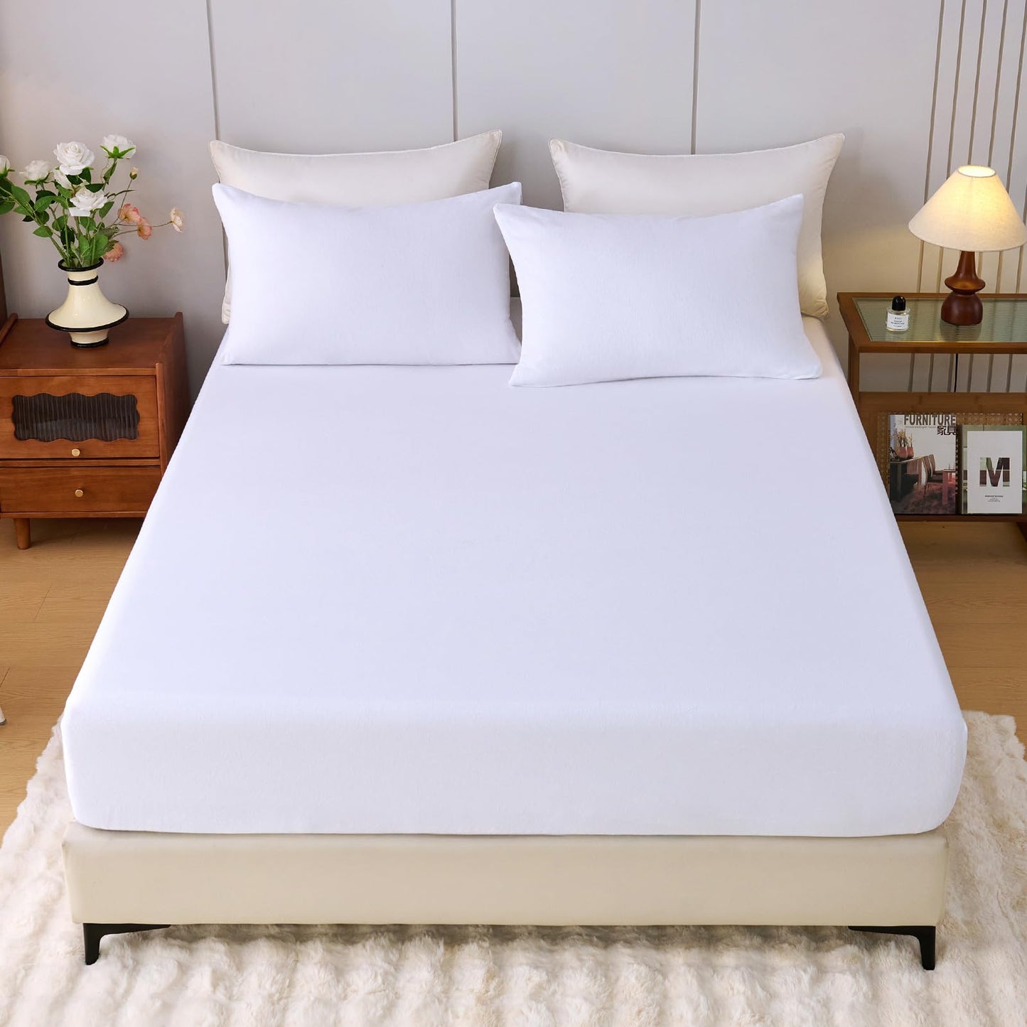 LANYETON 100% Cotton Flannel Fitted Sheet Only, Ultra Soft Cozy Warm Fitted Bottom Sheet for All Season, 16" Deep Pocket, White, King