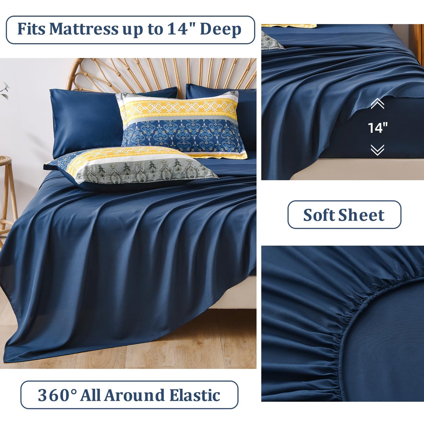 WONGS BEDDING Boho Comforters Set Queen, 7 Pieces Navy Blue and Yellow Comforter Sets Bohemian Bed in a Bag Striped Comforter Set Soft Microfiber Paisley Floral Comforter and Sheet Set for All Season