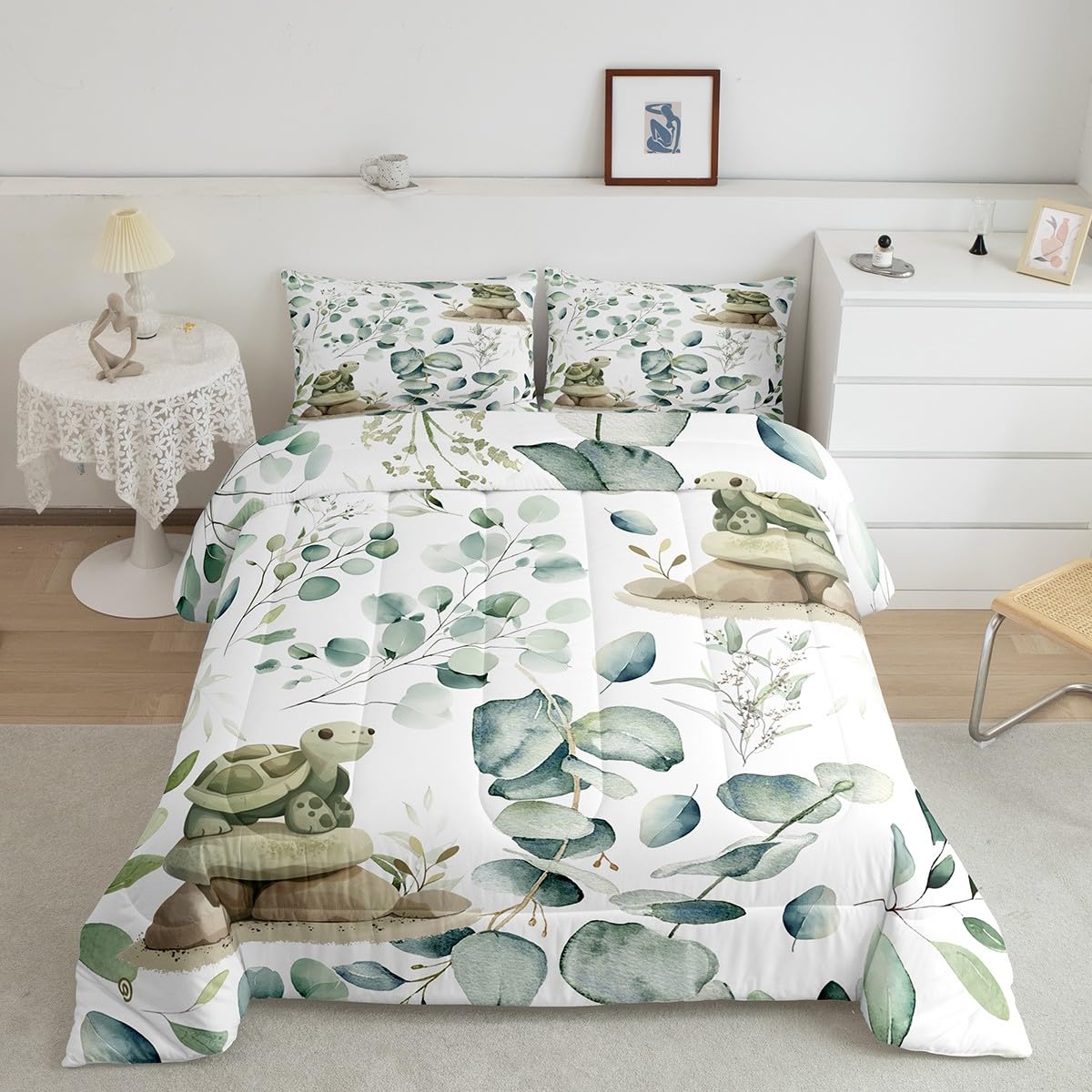 Erosebridal Kawaii Turtle Twin Comforter Set for Boys Girls Cartoon Animal Bedding Set Twin, Eucalyptus Leaves Bedding Comforter Sets Marine Wildlife Duvet Set, Tropical Plants Quilted Comforter