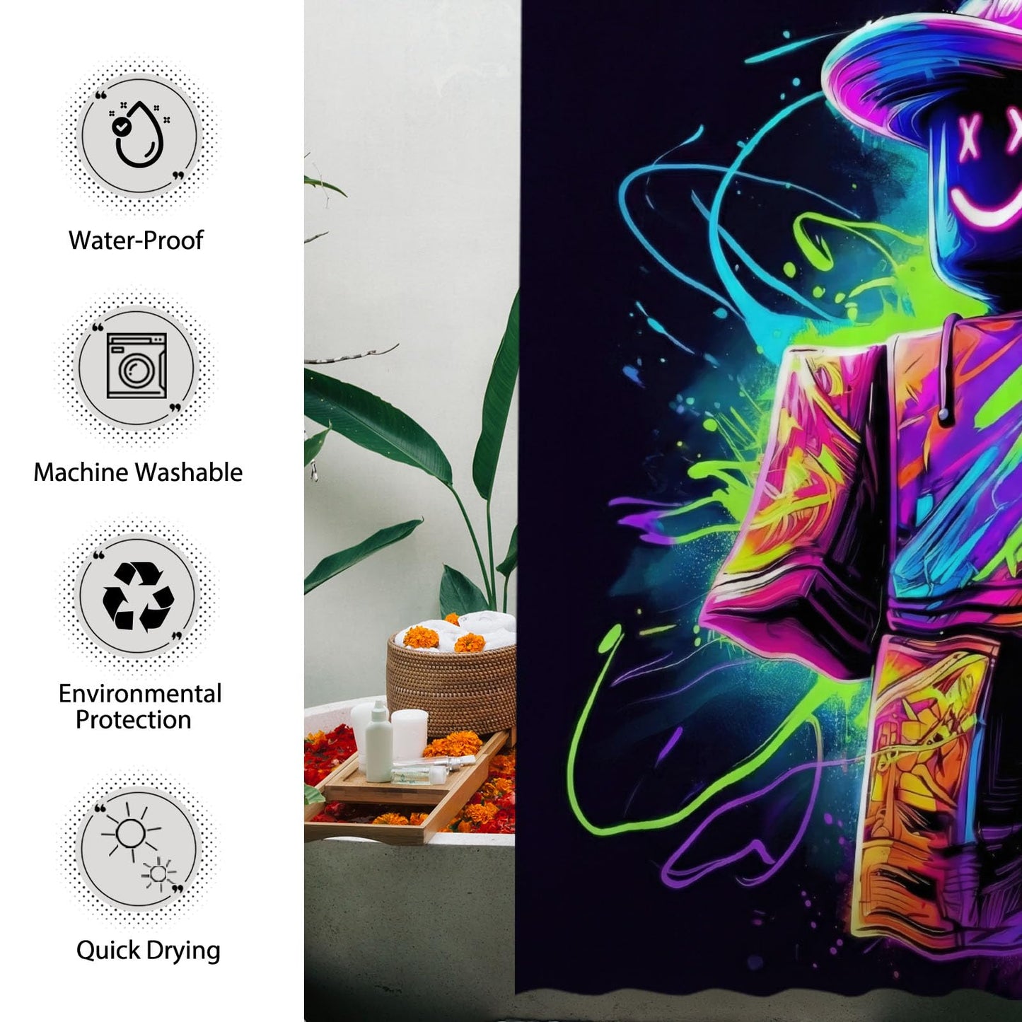Funnytree Neon Game Shower Curtain 72"x72" - Waterproof Fabric Bathroom Decor for Teen Boys Girls Boyfriend Girlfriend, Easy Care Washable (Hooks Not Included)