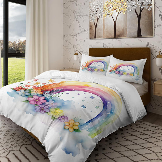Batmerry Rainbow Flowers Stars King Size 100% Cotton Duvet Cover Sets, A Colorful Sky Scene Bedding Set with Zipper Closure Corner Ties, 3 Pieces (1 Cover + 2 Pillowcases No Comforter)
