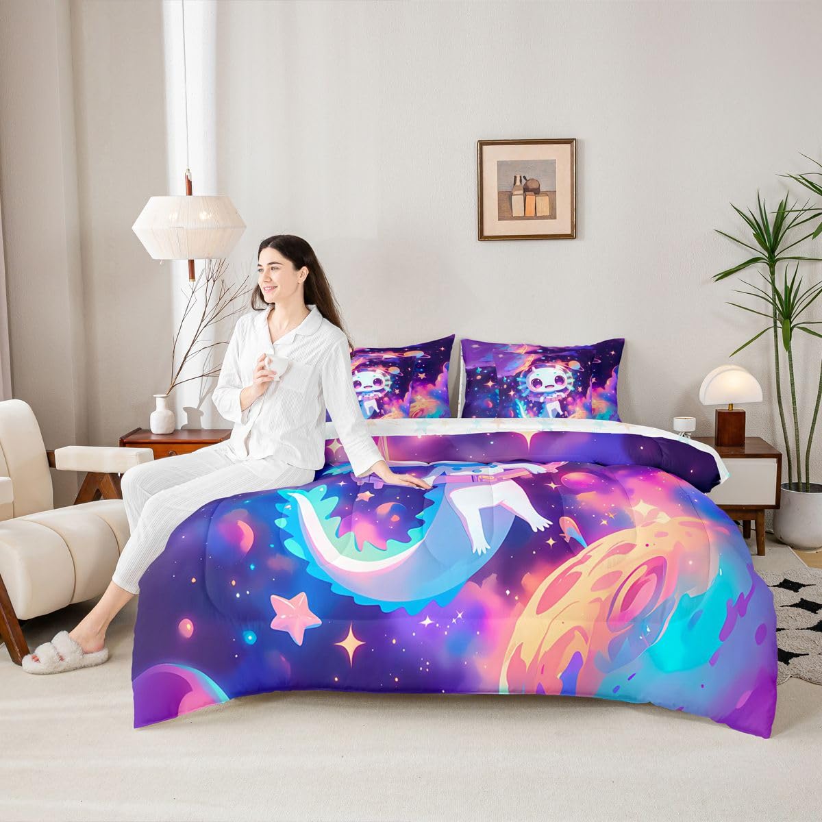Erosebridal Kids Cute Axolotl Queen Bedding Set for Girls Teens Galaxy Planet Space Comforter Set Purple Dreamy Starry Sky 7-Piece Bed in a Bag Princess Axolotl Reptile Animal Quilt Sets