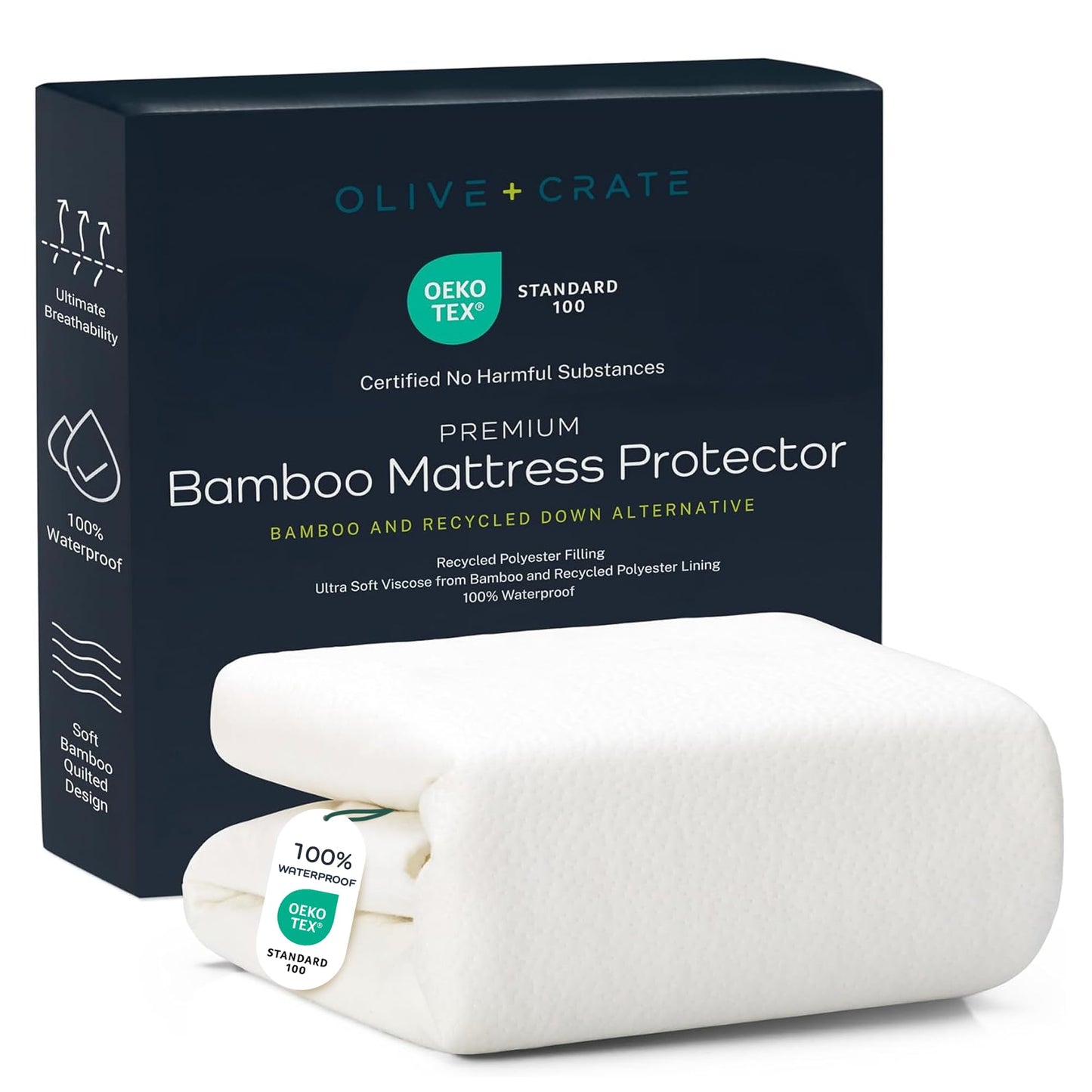 Olive + Crate 100% Viscose Bamboo Mattress Protector - Eco-Conscious Cooling Mattress Cover - Waterproof Hypoallergenic Protection - Breathable King Size Shield Against Dust & Spills