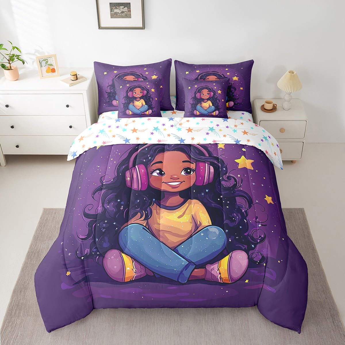 jejeloiu Kids Cute Black Girl Comforter Set 7 Pieces Full Size African American Girl Bedding Set Music Star Print Bed in a Bag with Comforter, Sheets, Pillowcases & Cushion Covers（No Glitter）