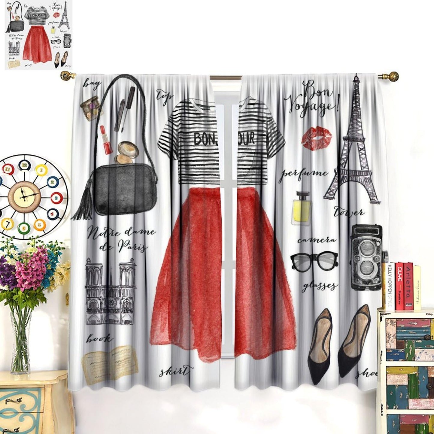 VUMIVI Women's Fashion Curtains Romantic City Eiffel Tower Cosmetics High Heels Dresses Trends Rod Pocket Window Treatments for Bedroom Kitchen Living Dining Apartment Dorms Cafe 42" W X 44.5" L