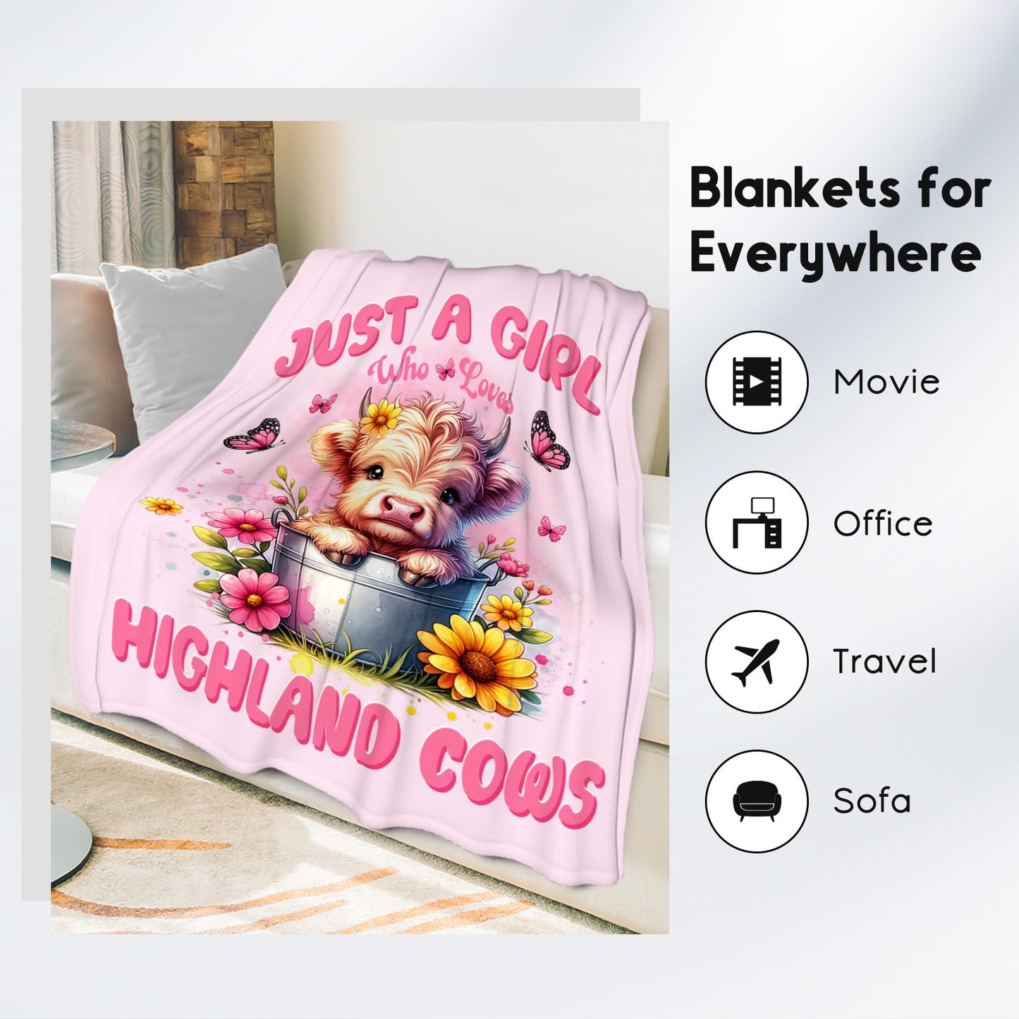 Highland Cow Throw Blanket, Cozy Soft Throw Gifts for Kids, Cute Pink Flannel Throw Blankets for Couch Office, 30x40 Inches