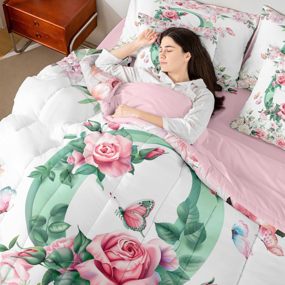 Erosebridal Initial Alphabet Bed in A Bag for Kids Boys Girls,Green Watercolor Letter Bedding Set Personalized Letter Twin Comforter Set 7 Piece Pink Flowers Garden Plants Sheet Set with Comforter