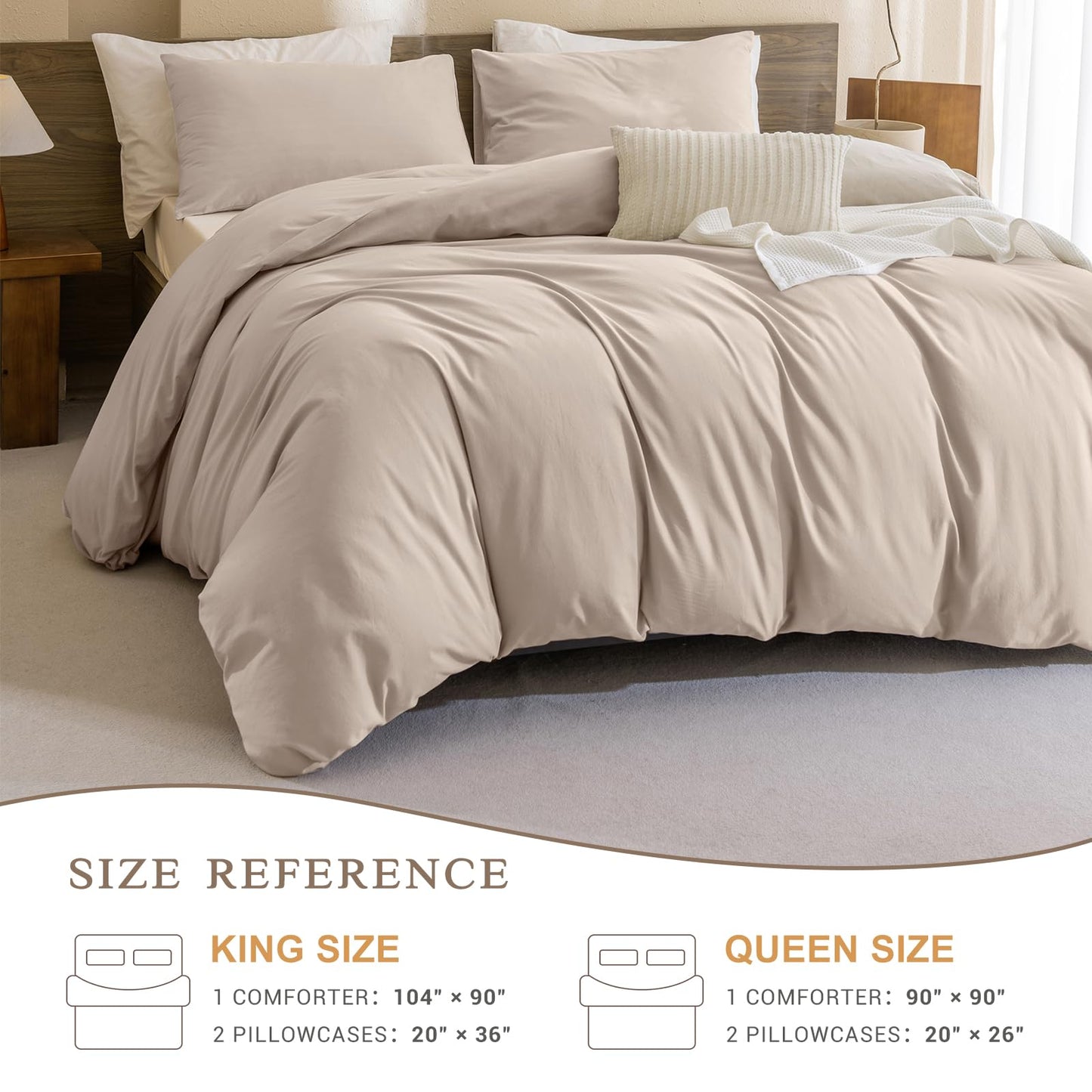 CozyTide King Size Comforter Set,Washed Cotton Boho Bedding Comforter Set Soft Lightweight Fluffy Aesthetic Bedding Set 3 Pieces(1 Beige Khaki Comforter and 2 Pillowcases)