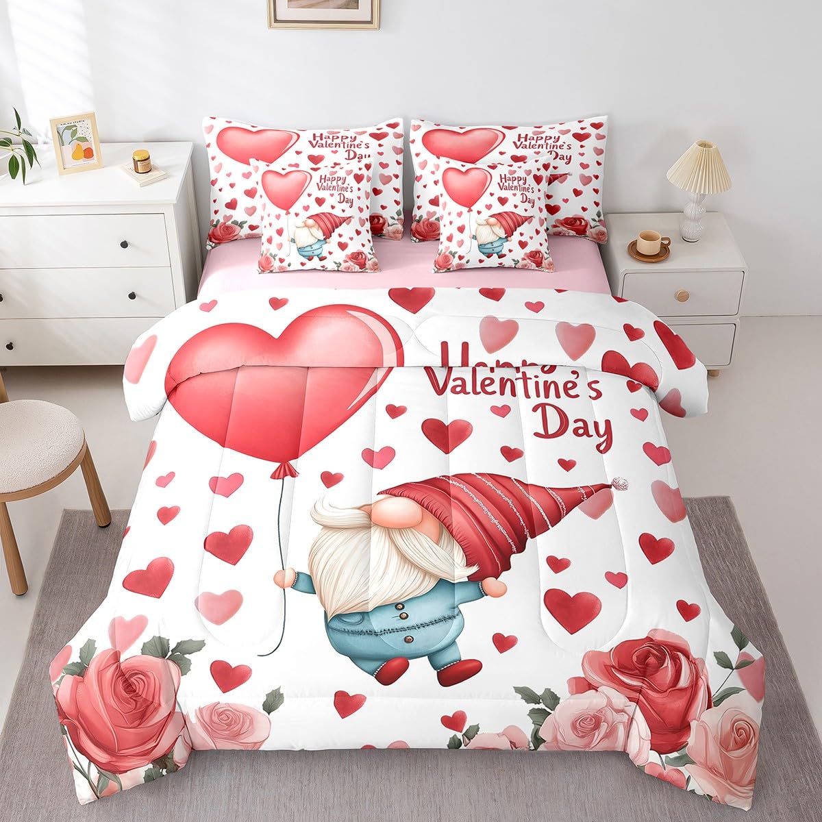Erosebridal Valentines Gnome Queen 7 Piece Comforter Set with Sheets - Cute Gnomes Red Rose Floral Bedding Sets, Romantic Love Bed Set with Fitted + Flat Sheet for Kids Girls Women Room Decor