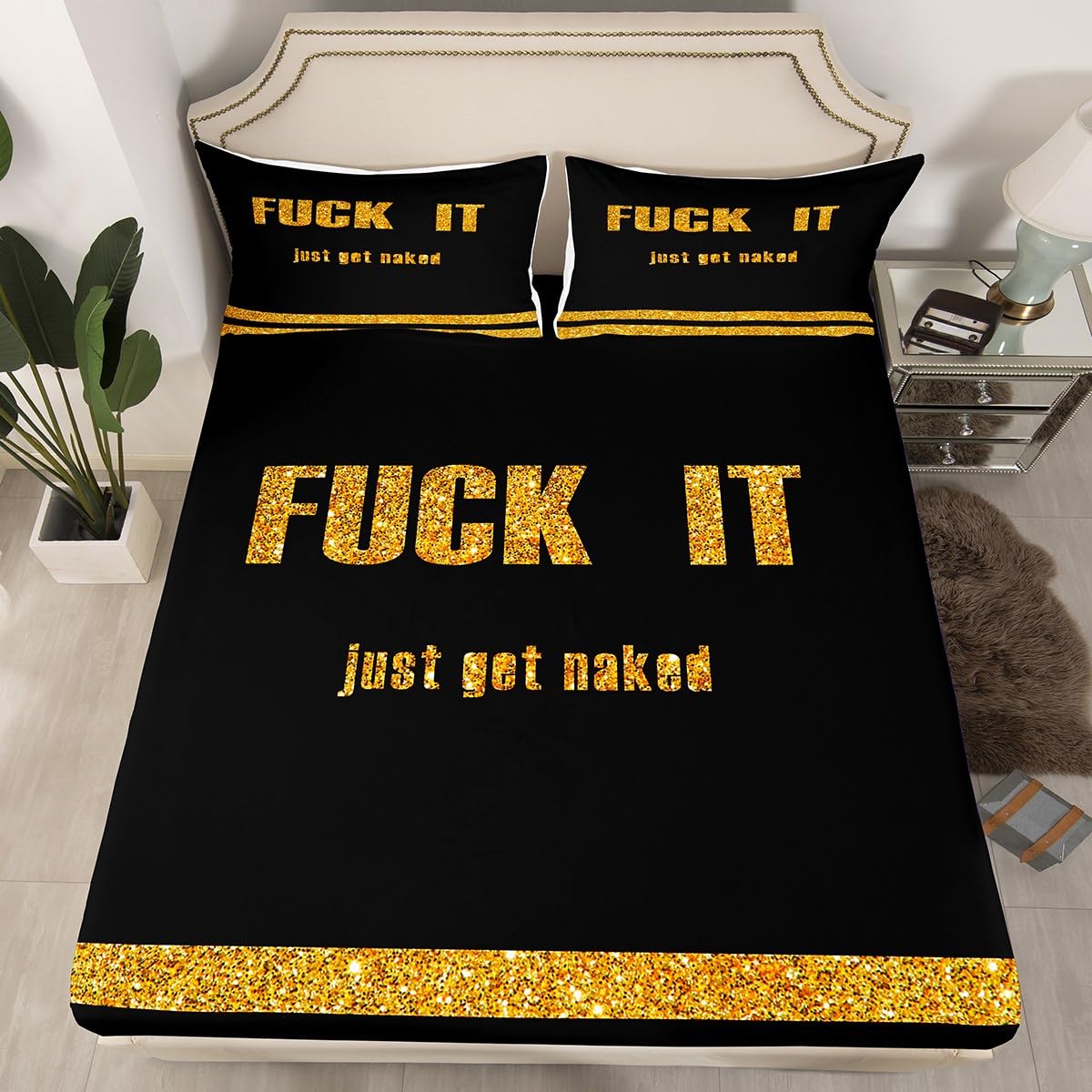 Funny Quotes Fitted Sheet & Pillow Sham Set Get Naked Bed Sheet Set for Men Women Couple Lover Golden Glitter Sequins Bedding Set Black and Gold Bed Cover No Flat Sheet Bedroom Decor 3Pcs Full Size