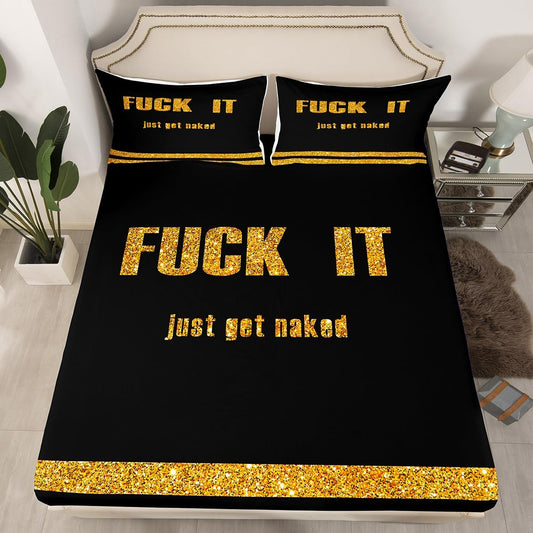 Funny Quotes Fitted Sheet & Pillow Sham Set Get Naked Bed Sheet Set for Men Women Couple Lover Golden Glitter Sequins Bedding Set Black and Gold Bed Cover No Flat Sheet Bedroom Decor 3Pcs Full Size