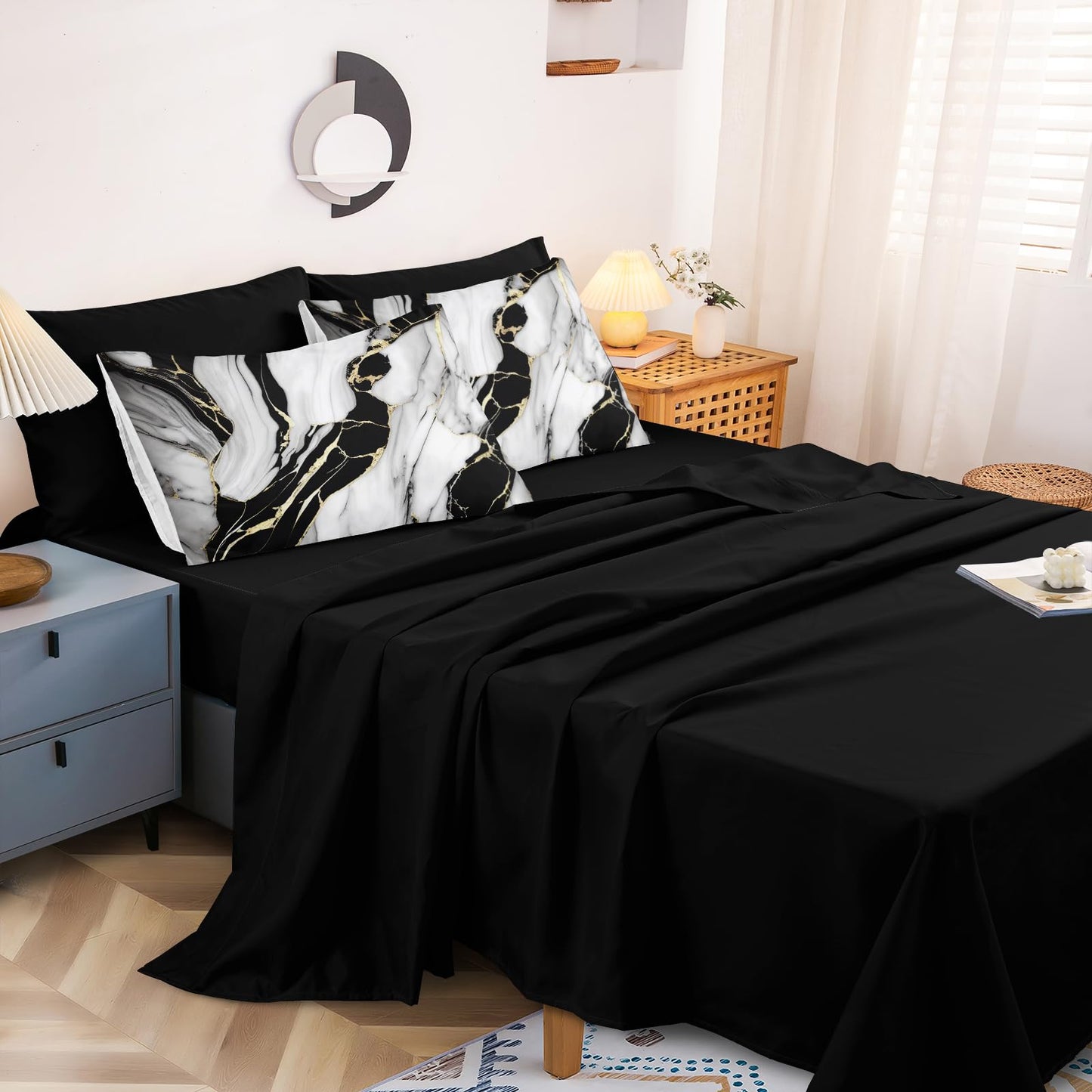 Bedbay Marble Bedding Queen Size Black and Gold Comforter Set 8 Pcs Queen Bed in a Bag Gold Metallic Marble Print Luxury Bedding 1 Comforter 4 Pillowcases 1 Flat Sheet 1 Fitted Sheet 1 Cushion Cover