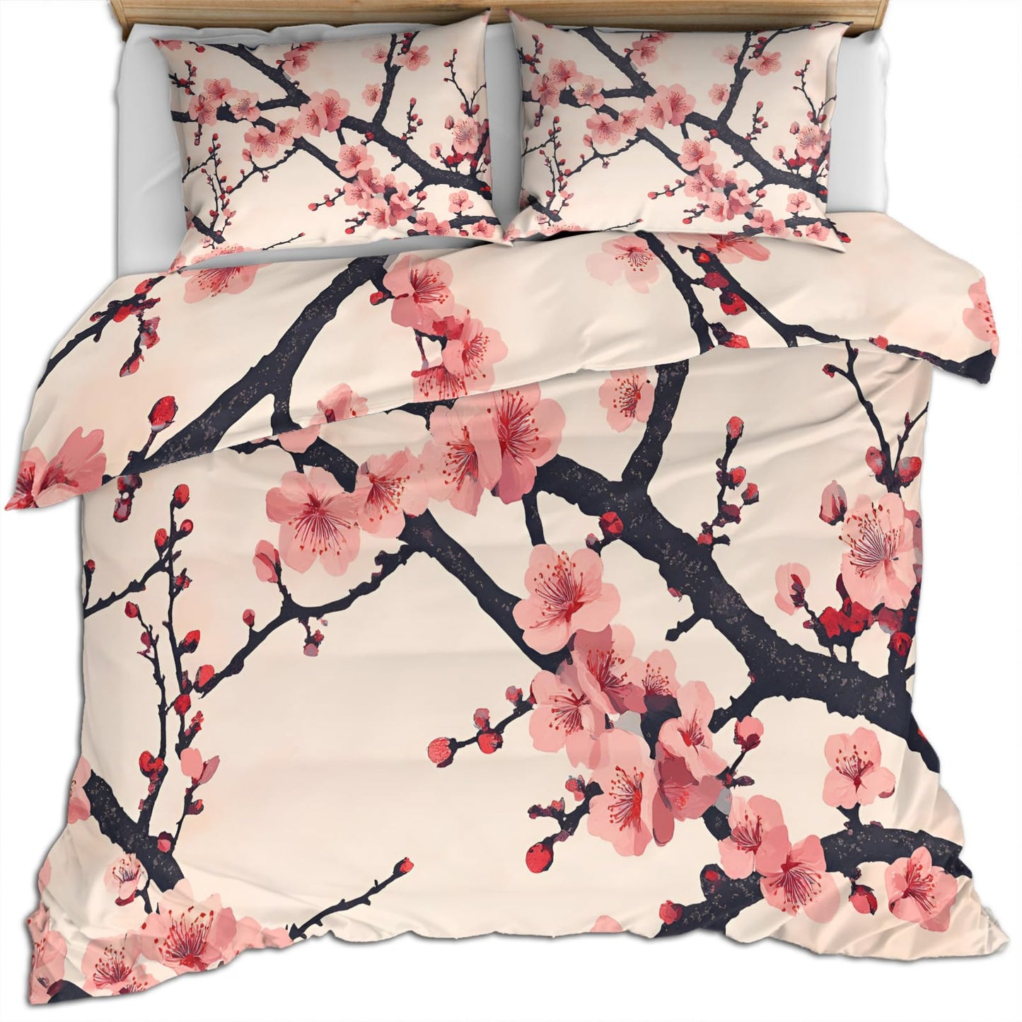 QINYUN Cherry Blossoms Duvet Cover Oversized King Size, Traditional Flower Bedding Set 3 Piece, Cherry Branch Comforter Cover 120x98 and 2 Pillow Sham with Zipper Closure