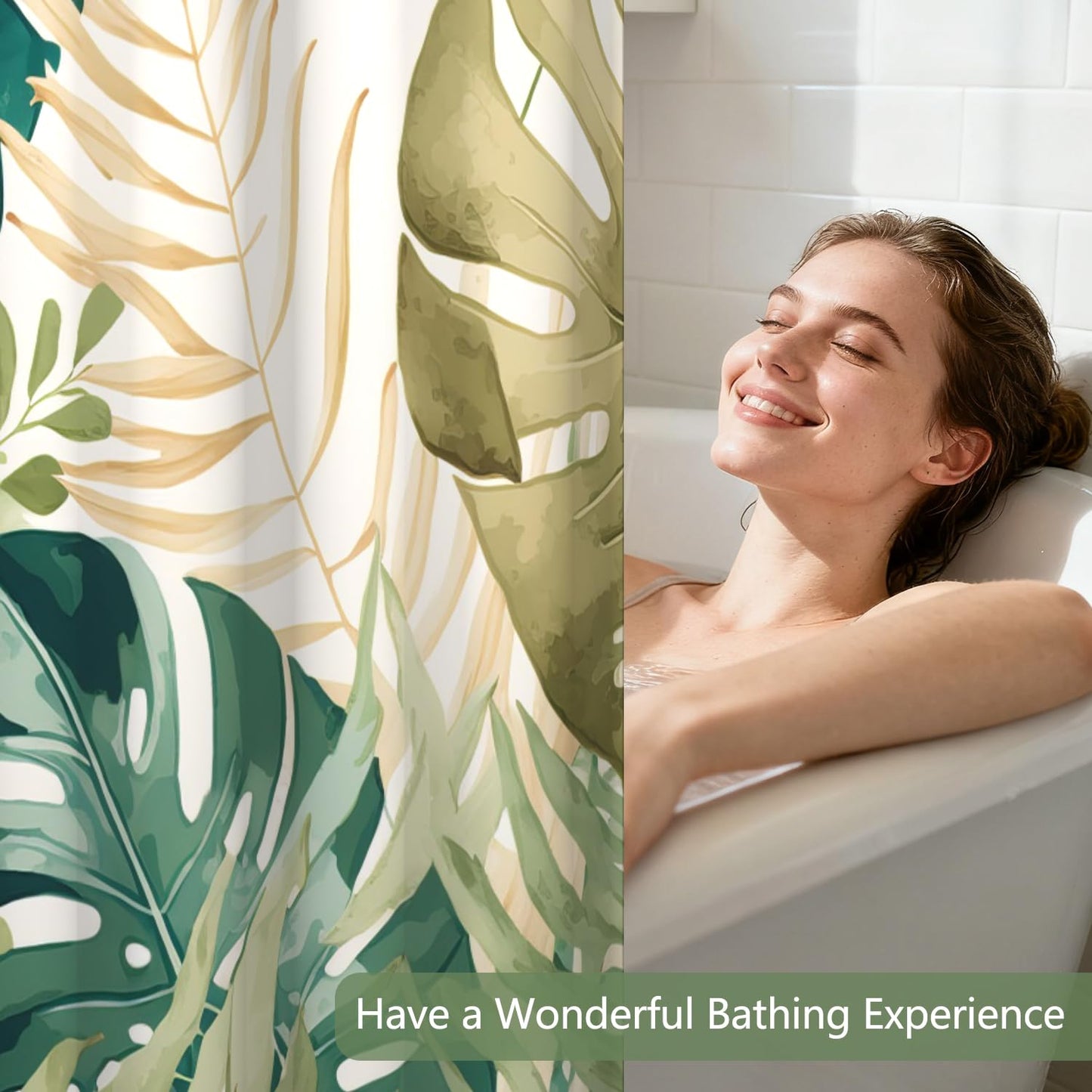 Sage Green Tropical Leaves Shower Curtain and Liner Set, Monstera Palm Leaf Botanical Design Bathroom Curtains, Waterproof Double Layers Fabric No Hook Shower Curtain with Top Mesh Window, 71x74 Inch