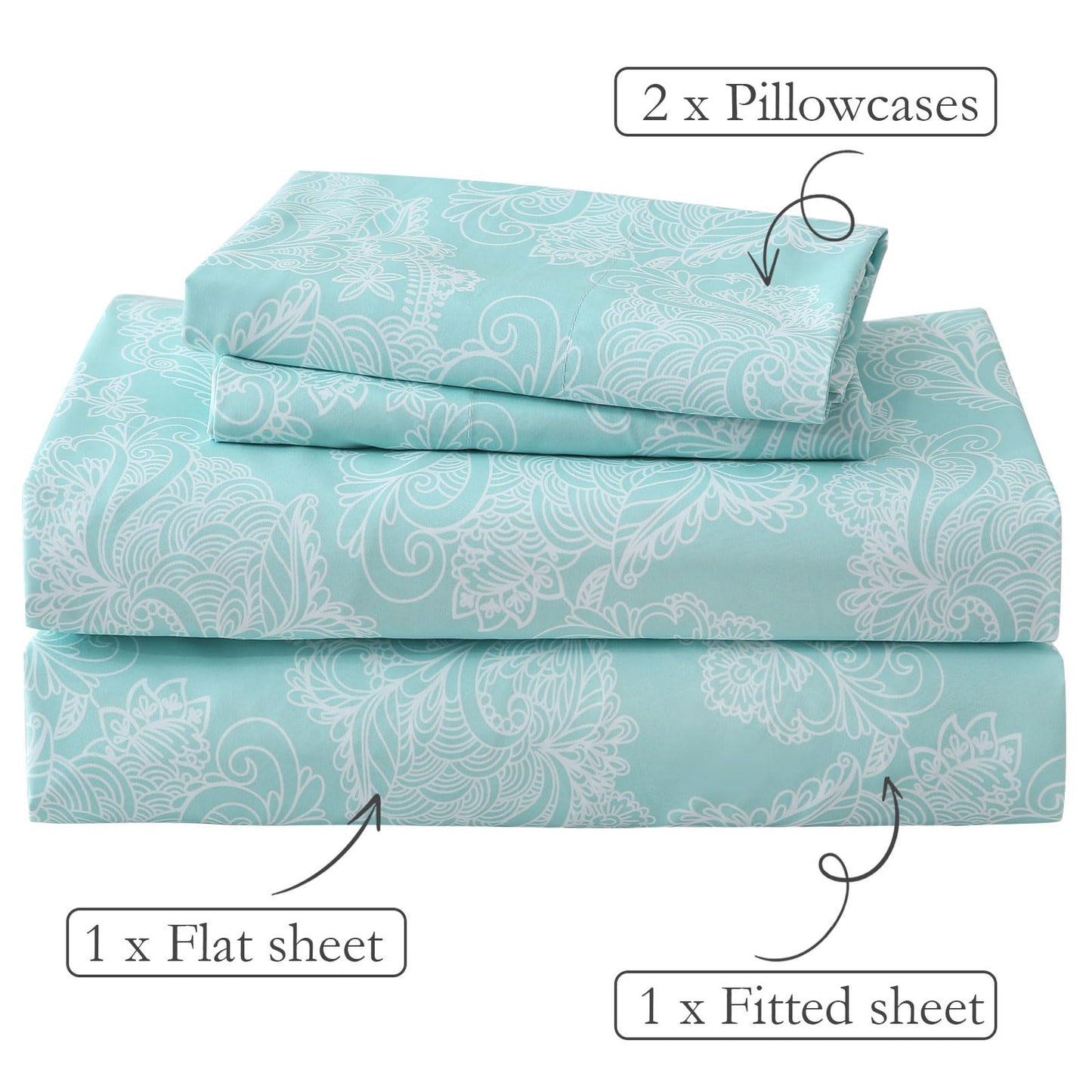 ChicView Queen Size Paisley Printed Sheet Set,4 Pieces Boho Style Breathable Soft Microfiber Bedsheets, Anti Pilling Deep Pockets Easy Care Bed Sheets, Blue