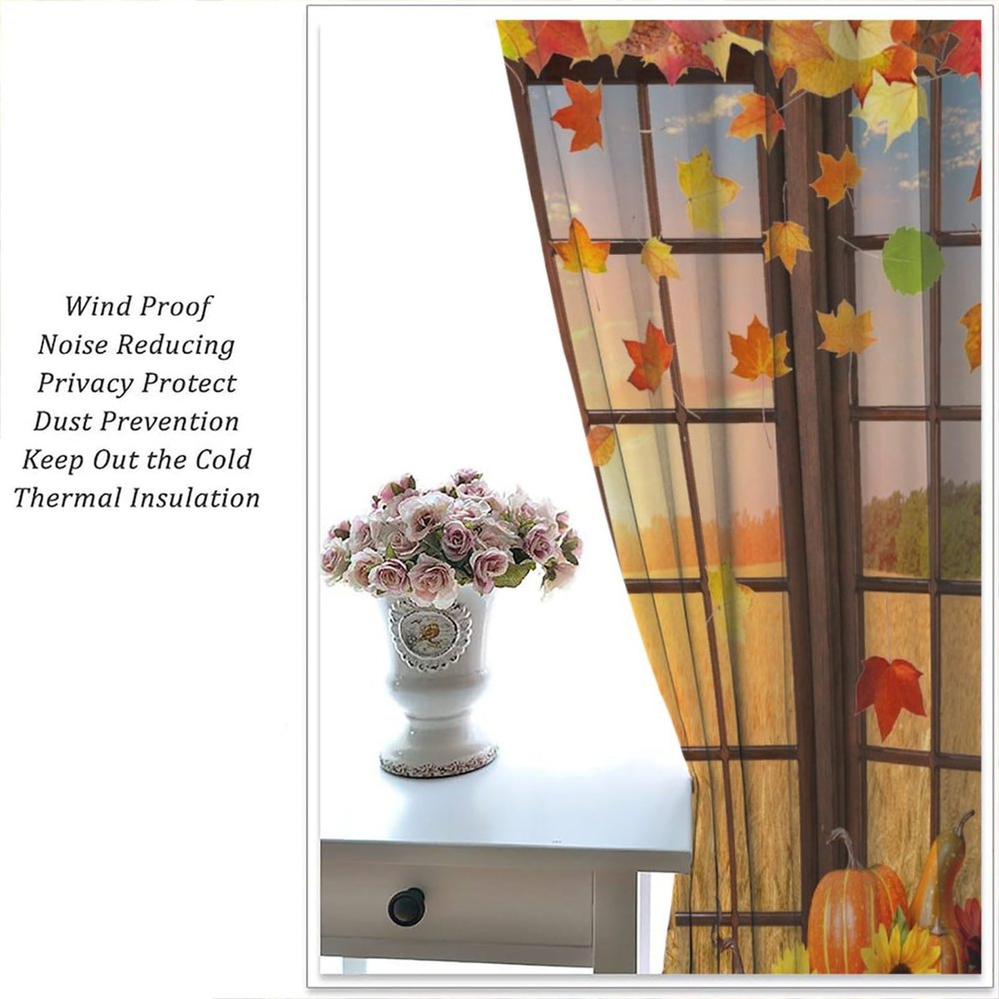Autumn Decor Curtains for Kitchen,Autumn Sunset Paddy Field Maple Leaf Falling Leaves Harvest Fruit Pumpkin Sunflower Flower Scarecrow Window Drapes for Boys Girls Bedroom Living Room 42x45in