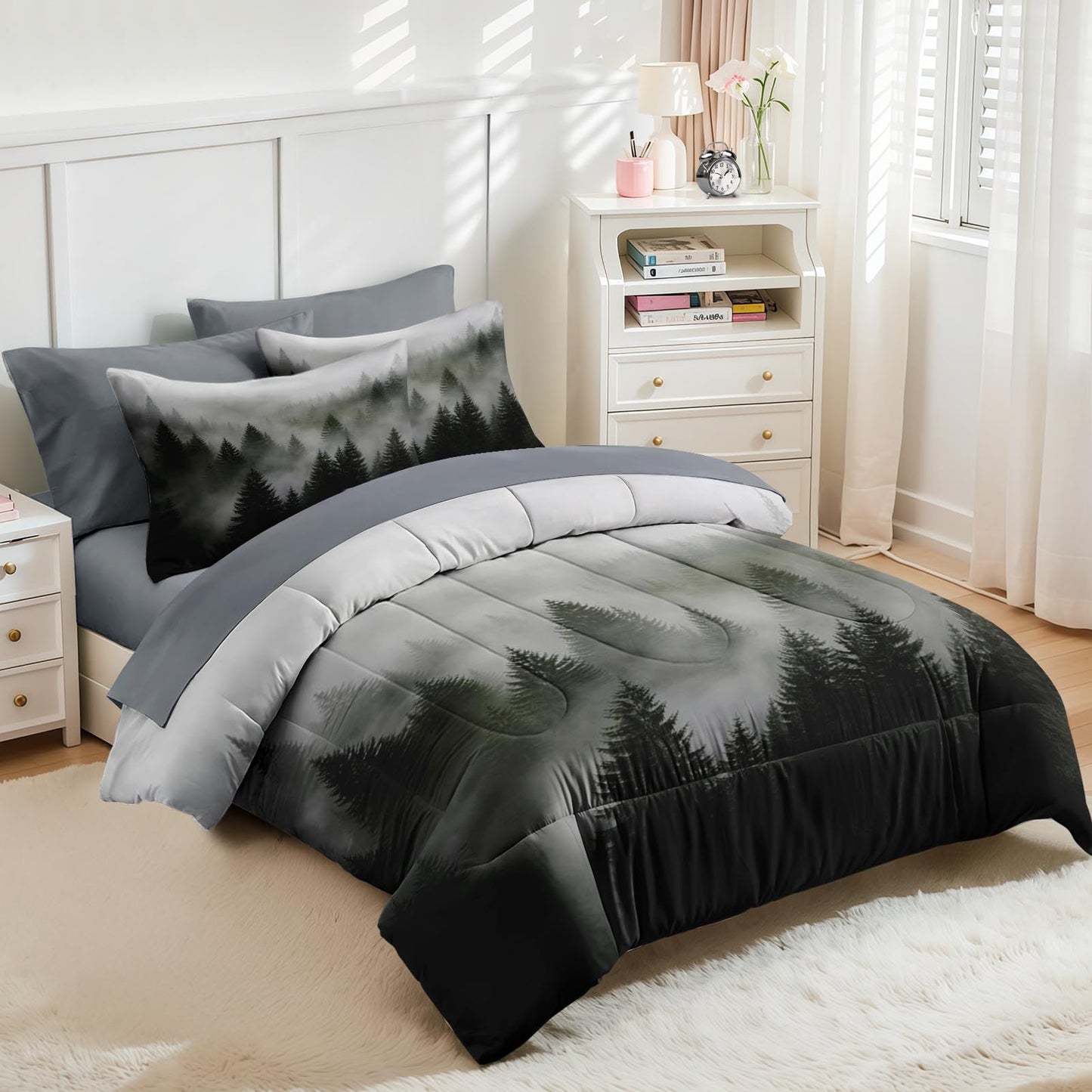 Nesker Comforter Set Full Size, Tree Mountain Forest 7 Pcs Bedding for Kids and Adults, Wood Fog Pine Bed Sheet Sets with Fitted Sheet 2 Pillowcases & 2 Shams
