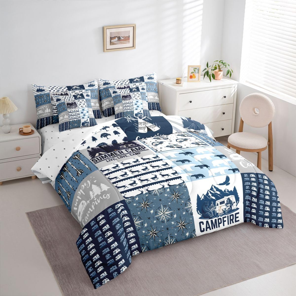 Erosebridal Happy Camping 7 Piece Bedding Set Full Camper Comforter Set with Sheets Rustic Farmhouse Style Bed in A Bag Camping Car Bed Sets with 2 Pillowcases, 2 Throw Pillow Covers
