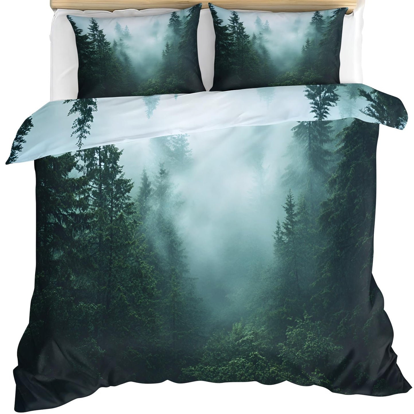 GKPLY Misty Pine Forest Duvet Cover Cal King, Foggy Mountain Bedding Sets, Woodland Landscape Comforter Set, Zipper & Ties, Calm Nature Duvet Cover & 2 Pillow Cases, Reversible Print