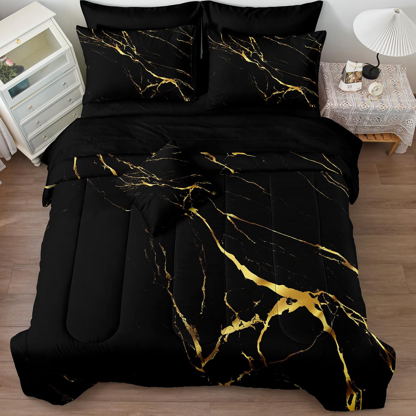 Merryword 8 Pcs Bed in a Bag Black Marble Comforter Set Full Size Gold Metallic Bedding Set