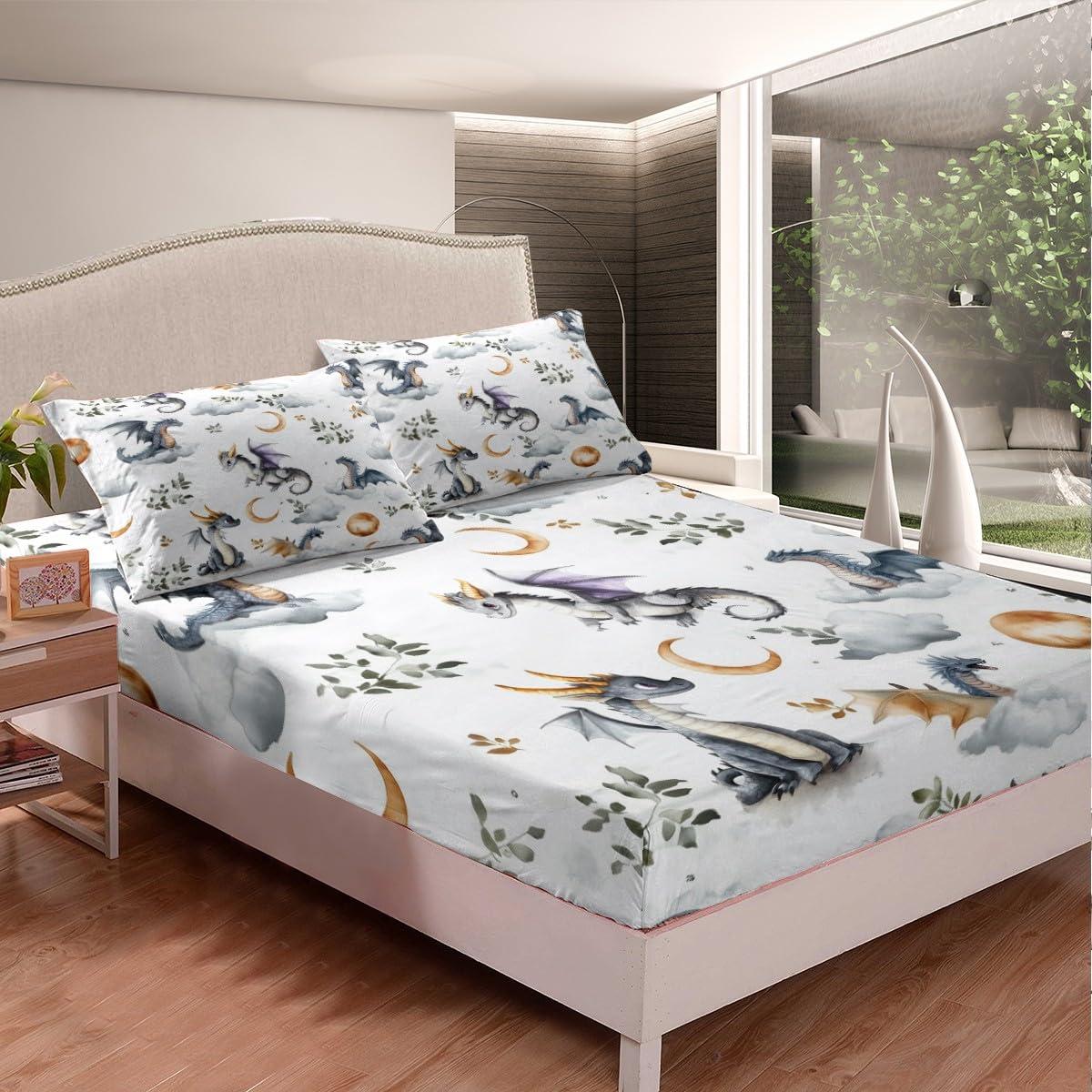 Western Dragon Fitted Sheet Twin Size,Cute Flying Dragon Bedding Sets 2Pcs,Star Moon Leaves Bed Sheet for Kids Teens Girls Boys Room Decor,Wild Animals Plant Deep Pocket Sheet,1 Pillowcase
