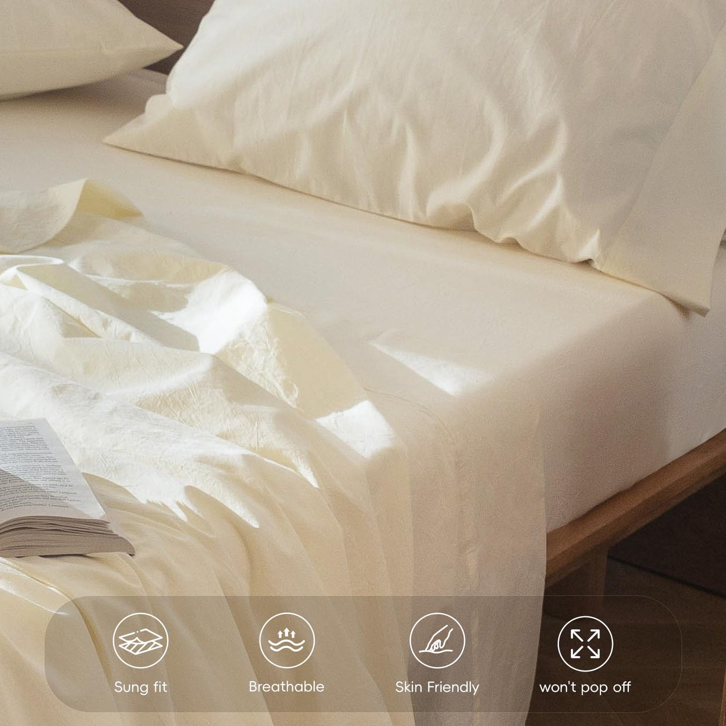 MooMee Fitted Bottom Sheet Only 100% Washed Cotton Linen Like Textured Breathable Durable Soft Comfy Deep Pocket Fits Mattress up to 17" (Cream White, Queen)