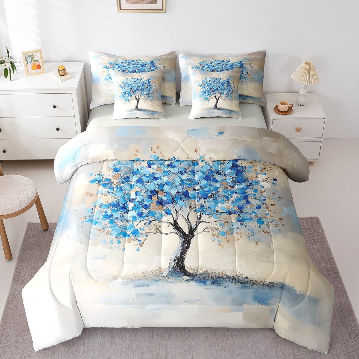 Dark Blue Tree Branches Pattern 7 Pieces Bedding Set Twin Size Kids Leaf Branches Bed in a Bag with Comforter, Pillowcases Fallen Leaves Bed Set Breathable Botanical Room Comforter Set with Sheets