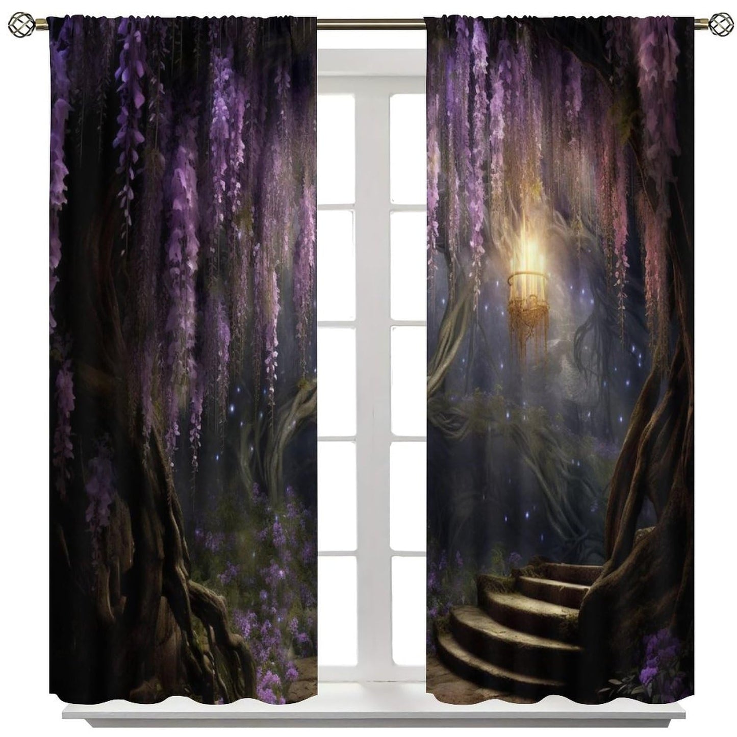 DKMQQUL Fantasy Forest Curtains, Enchanted Wonderland Purple Wisteria Flower Lanterns Nature Scenery Window Treatment for Living Room Office Bedroom Kitchen Drapes, 42x45 Inch