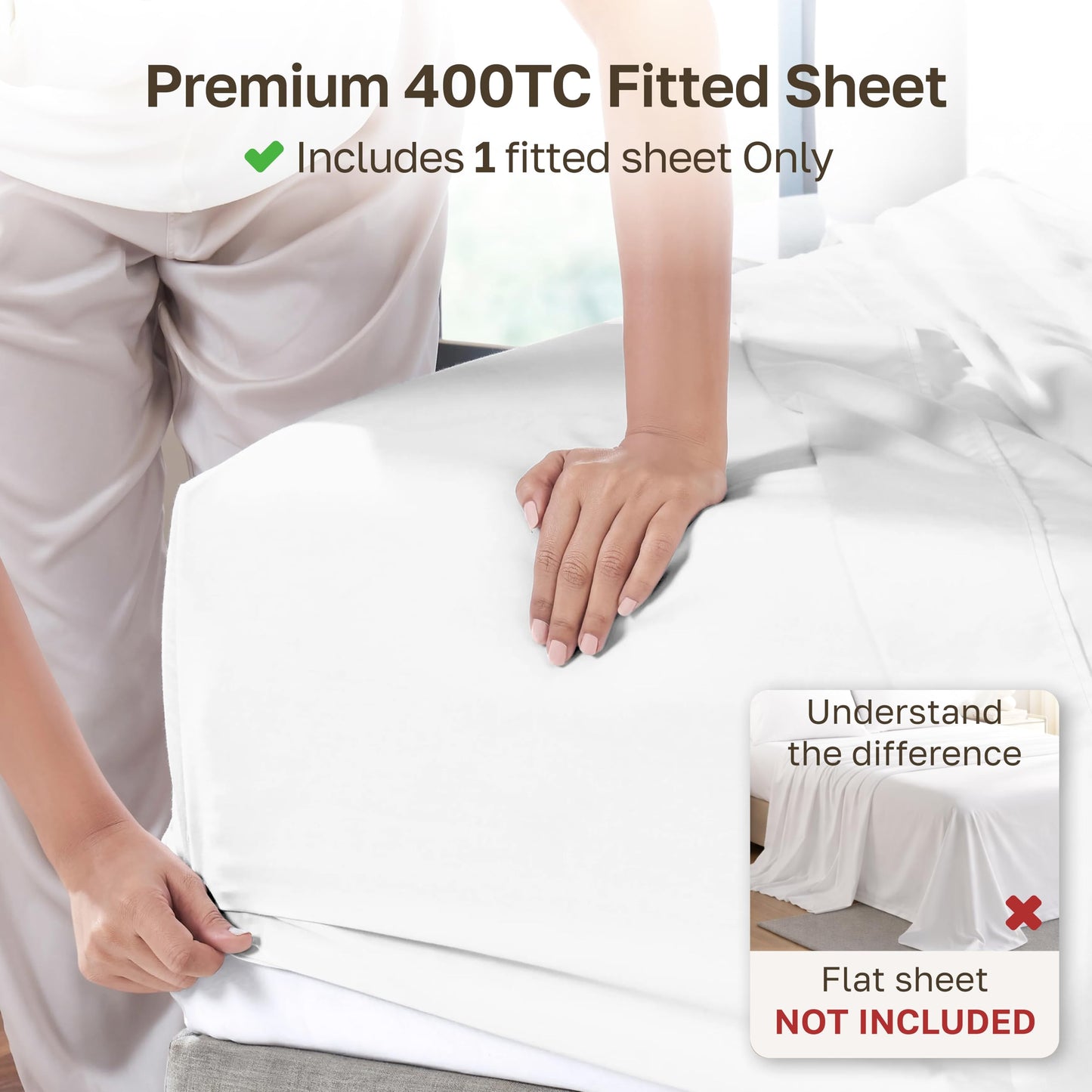 California Design Den King Size Fitted Sheet Antique White, Deep Pocket Soft 400 Thread Count 100% Cotton Sateen, No Pop-Off Elastic, Durable Fitted Sheet Only (King, Antique White)