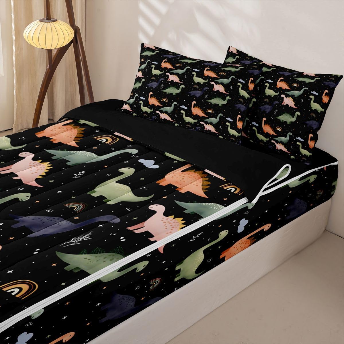 Feelyou Dinosaur Comforter Set Twin Size Zipper Bedding Set for Girls Boys 3D Digital Print Comforter with Fitted Sheet, Pillowcases Jungle Dino Zipper Bedding Soft Breathable Bed in a Bag