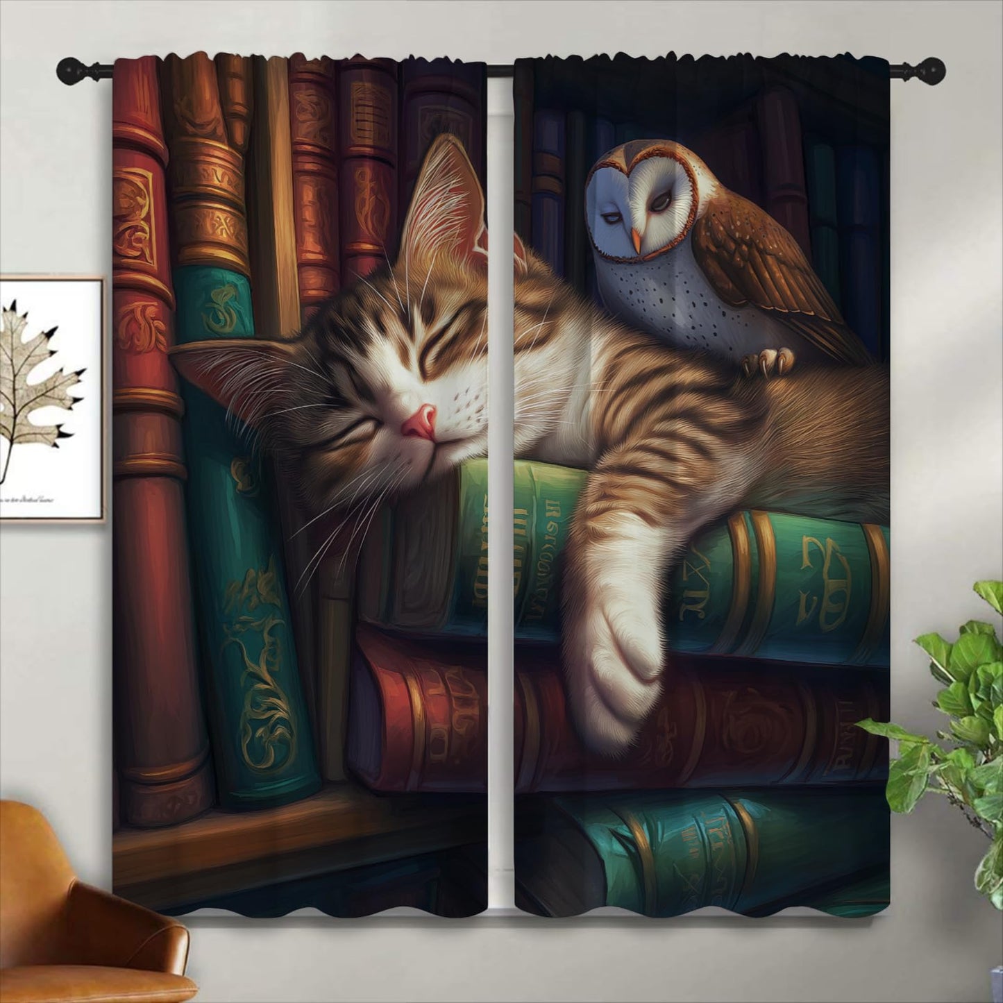 LHROOMJK Bookshelf Blackout Curtains for Boys Girl Bedroom Home Decor,Library Bookcase Book Cartoon Sleeping Cat and Owl Thermal Insulated Rod Pocket Darkening Living Room Window Drapes, 42 x 63 inch