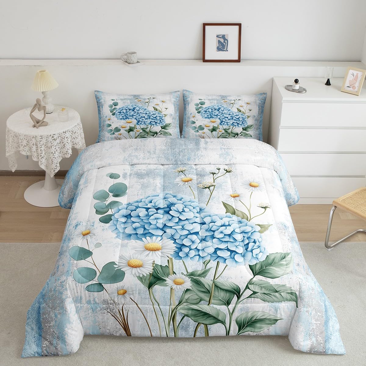 Erosebridal Blue Hydrangea Flower Queen Comforter Set Spring Blossom Bedding Set Abstract Oil Painting Bed Set Watercolor Floral Rustic Farmhouse Quilt Set Ombre Blue Grey Design for Adults