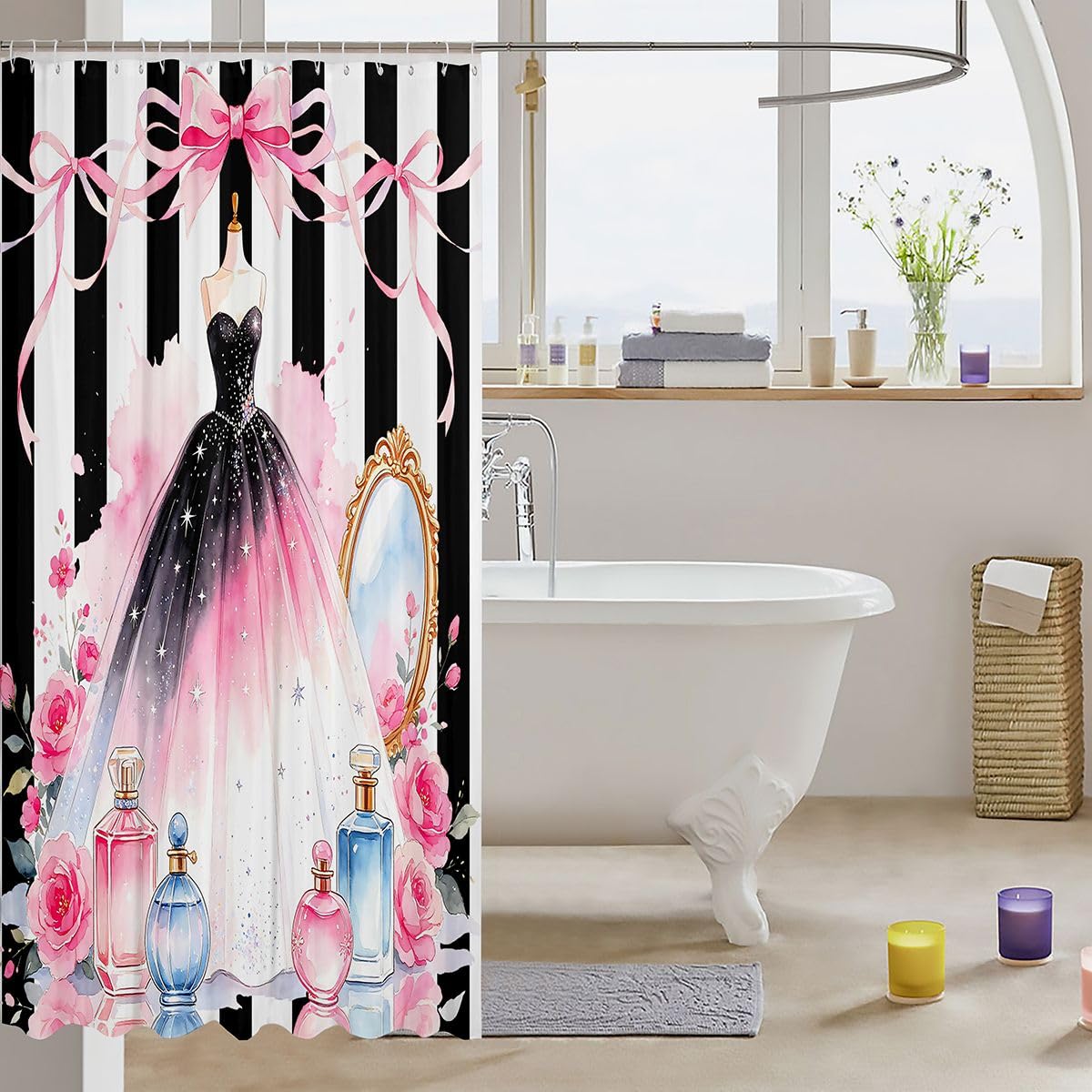 Feelyou Dress Shower Curtains Black Pink White Bathroom Curtain for Kids Women Men Perfume Bathroom Accessories High-Heeled Shoes Waterproof Polyester Fabric for Stalls Bathtubs 72"x72"