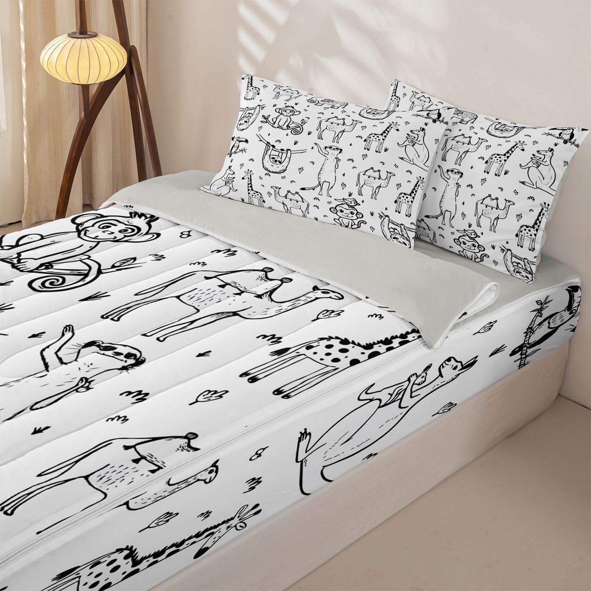 Erosebridal Cartoon Animals Zippered Bedding Set Twin Sketch Style Sloth Monkey Wildlife Comforter Set Cute Zoo Animals Bed in a Bag Giraffe Wildlife Zipper Quilt Fitted Sheet,2 Pillowcases