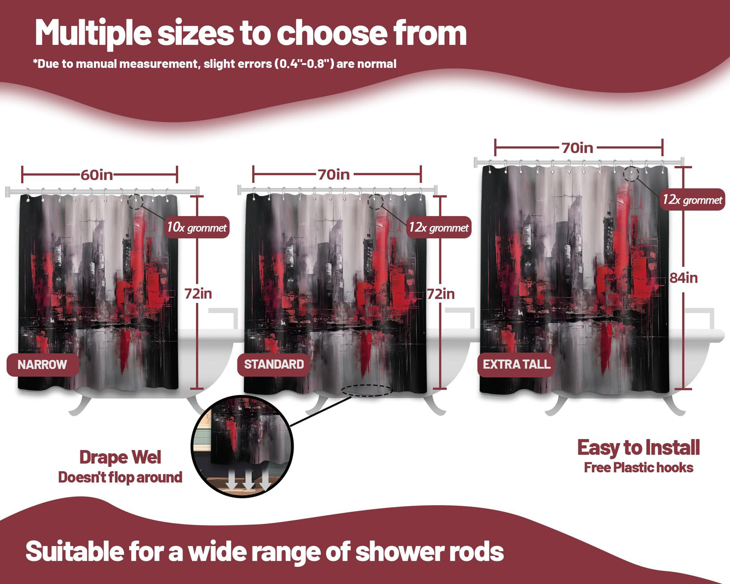 dueeia Red and Black Abstract Shower Curtain, Dark Red, 70 x 72 inch