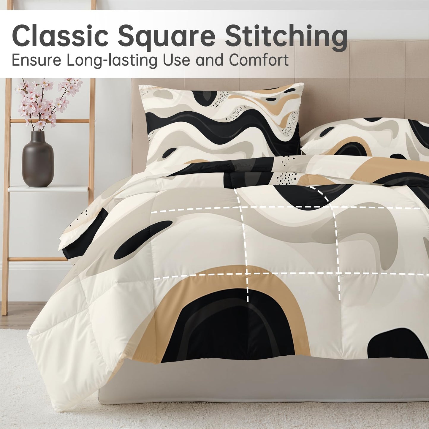 Abstract Comforter Queen Size - 3 Pcs Bed Set, All Season Comforter & 2 Pillowcases, Black White Beige Bedding Set, Soft Lightweight Down Alternative Duvet Insert, Mid Century Modern Bedroom Decor