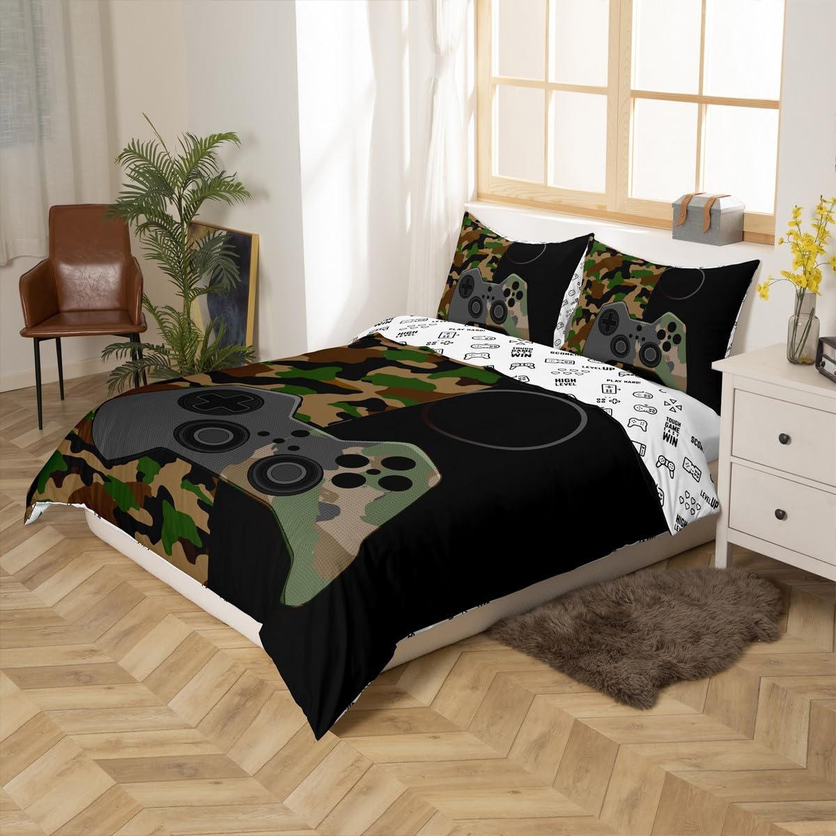 Gamer Bedding Set Teens Boys Camouflage Gamepad Printed Comforter Cover Army Green Video Games Decor Player Gaming Duvet Cover for Adult Girls Kids Camo Game Console Pattern Soft Bespread, King Size
