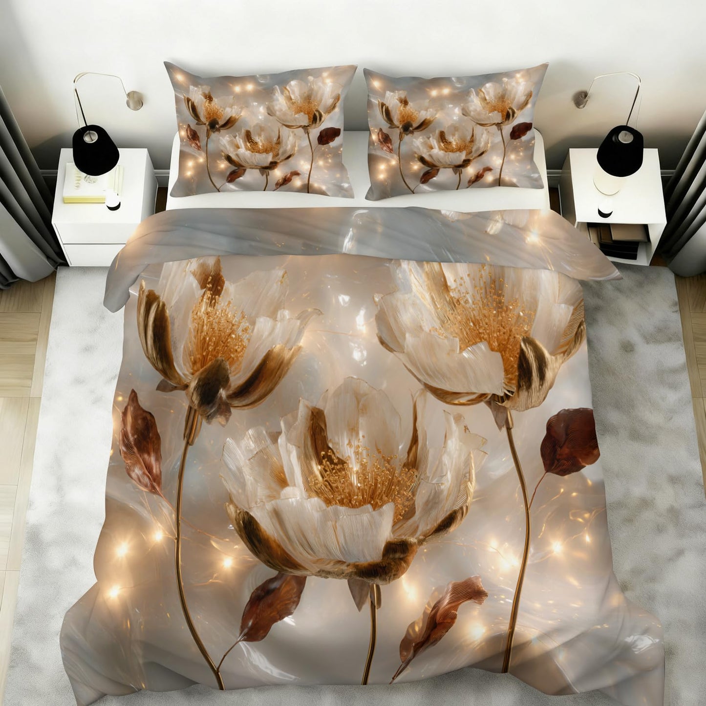 ZAOMIR Golden Floral Duvet Cover King Size, Luxurious 3D Relief Floral Bedding Set 3 Piece, Art Abstract Blossoms Flower Patterned Comforter Cover with Zipper & Ties, 2 Pillowcases