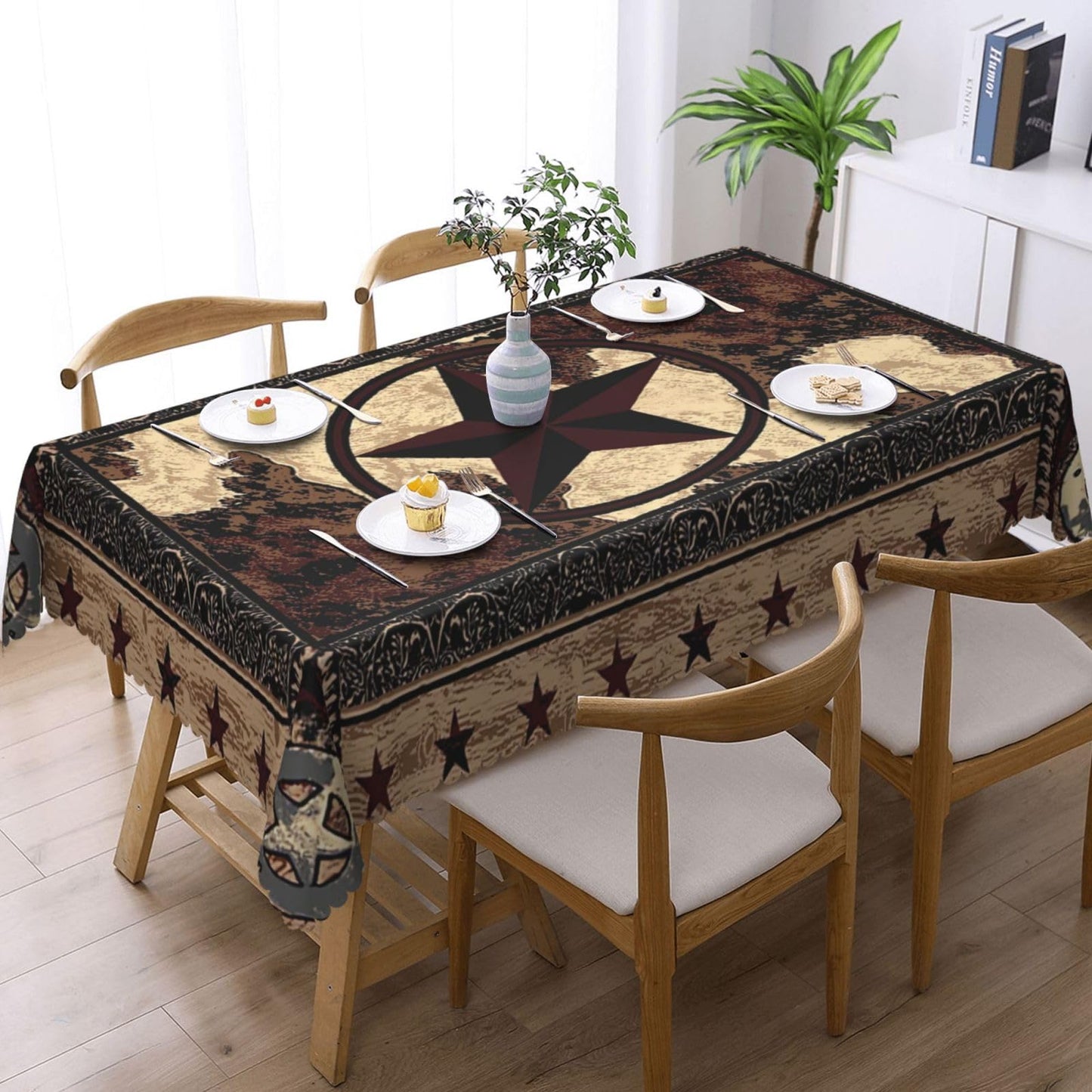 DANSICUINI Western Texas Star Rectangle Tablecloth Rustic Vintage Country Table Cloth Brown Wood Panel Rectangular Tablecloth Table Cover for Dining Kitchen Party 54 x 72 Inch