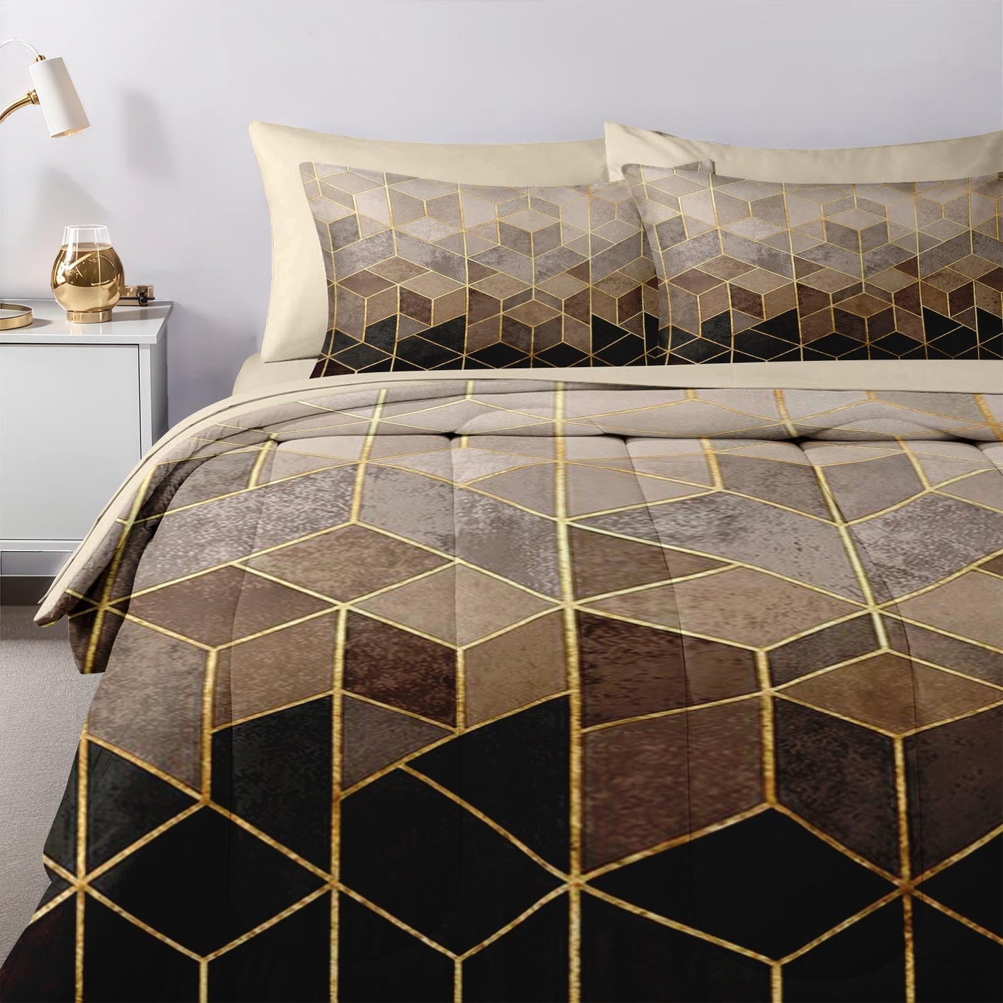 Nesker Comforter Set Queen Size, Black Golden Gradient Cubic 7 Pcs Bedding for Kids and Adults, Brown Modern Geometric Bed Sheet Sets with Fitted Sheet 2 Pillowcases & 2 Shams