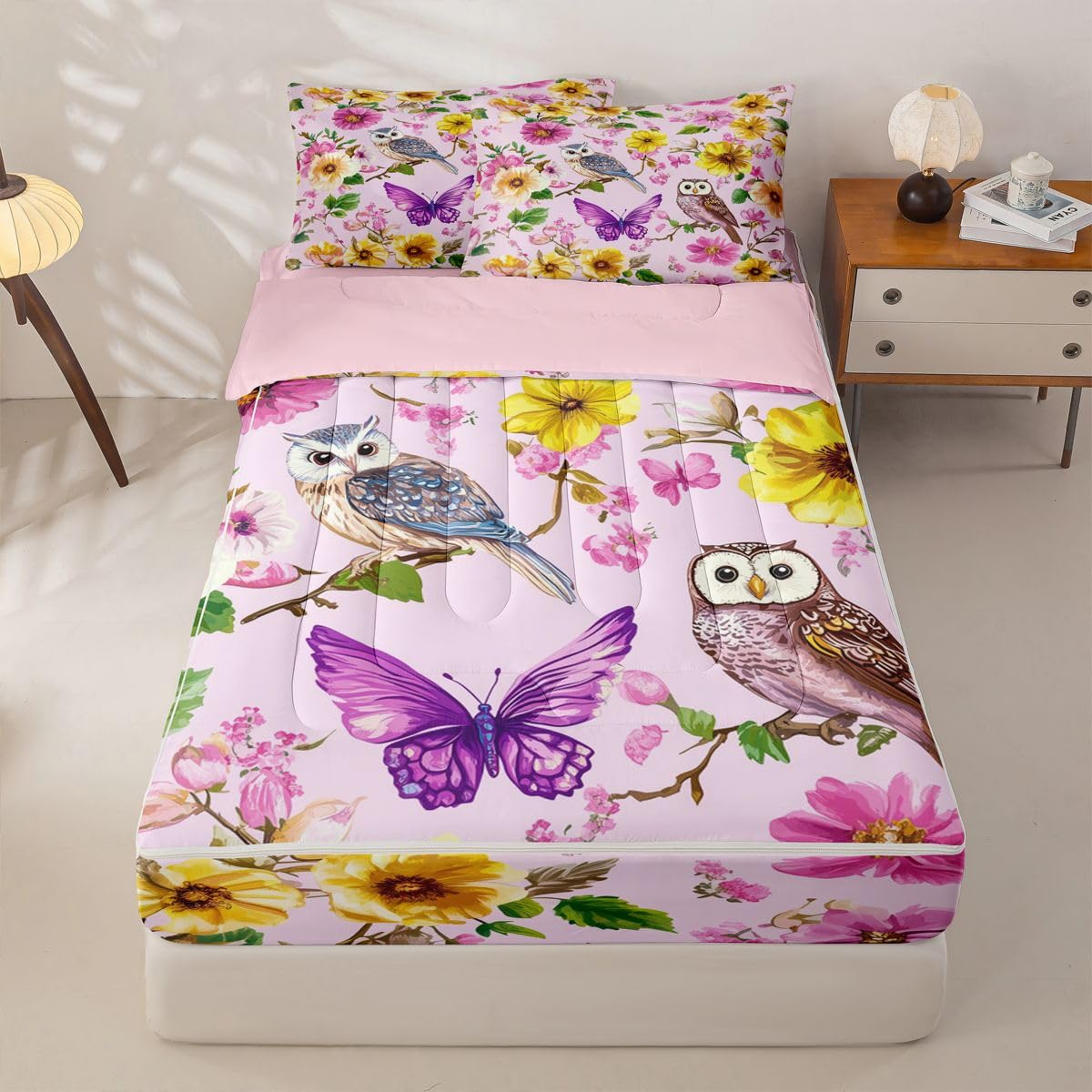 jejeloiu Owl Zipper Bedding Sets for Kids Boys Girls Yellow Floral Printed Twin Comforter Set with Fitted Sheet Purple Butterfly Bedroom Decor Spring Microfiber with 2 Pillow Cases