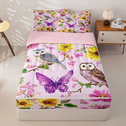 jejeloiu Owl Zipper Bedding Sets for Kids Boys Girls Yellow Floral Printed Twin Comforter Set with Fitted Sheet Purple Butterfly Bedroom Decor Spring Microfiber with 2 Pillow Cases
