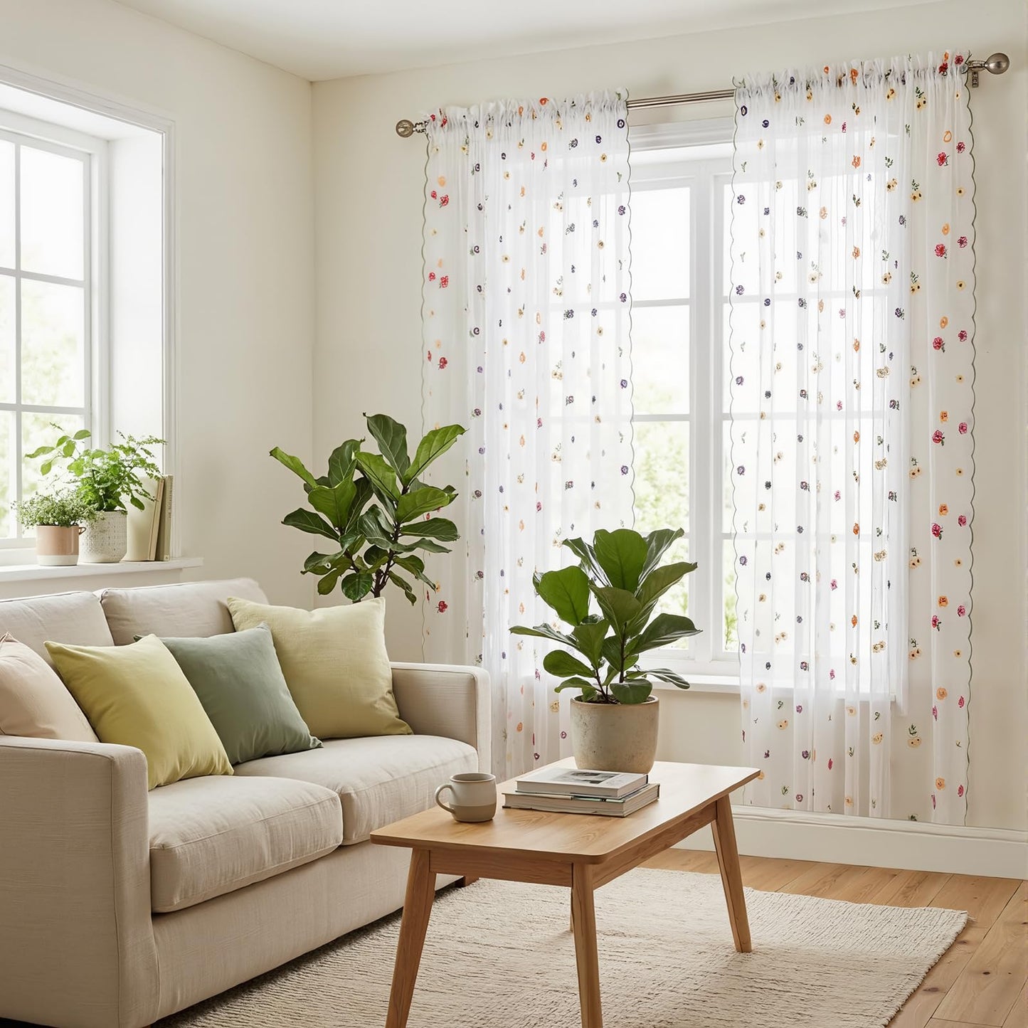 Gilprop White Embroidery Daisy Sheer Curtains 84 Inches Long, Rod Pocket Sheer Drapes for Living Room Bedroom, 2 Panels, 52" W x 84" L, Country Rustic Embroidered Florals Tulle Window Curtains