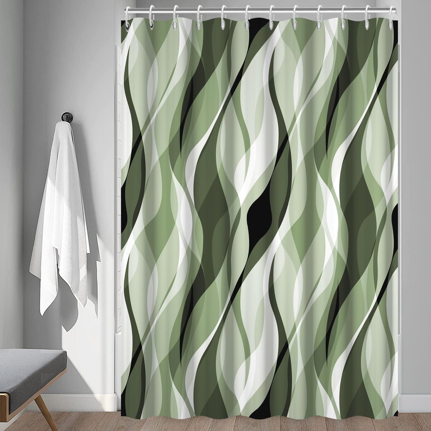 Ruelvth Sage Green Shower Curtain, Abstract Ombre Green and Grey Striped Shower Curtain Set for Bathroom Waterproof Polyester Shower Curtain with Hooks, 72x72 Inch