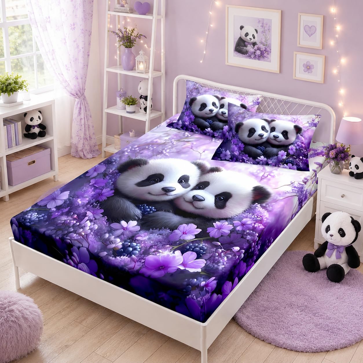 HOSIMA Panda Fitted Sheet Full for Girls Room Decor,Pandas Hugging Each Other in Flowers Field Printed Animal Bedding for Kids Boys,1 Fitted Sheet+2 Pillowcases.