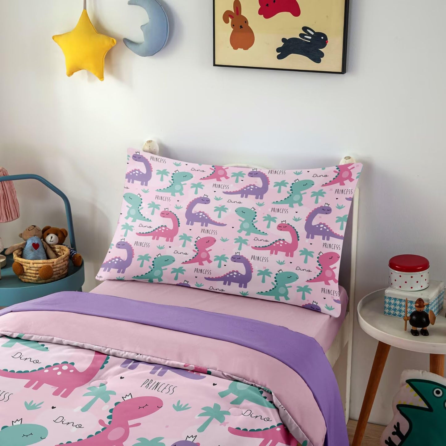 4 Piece Toddler Dinosaur Bedding Set for Girls,Pink Dino Toddler Comforter Sets Soft Bed Set Include Comforter,Fitted Sheet, Flat Top Sheet and Pillowcase,Bed in A Bag for Bedroom
