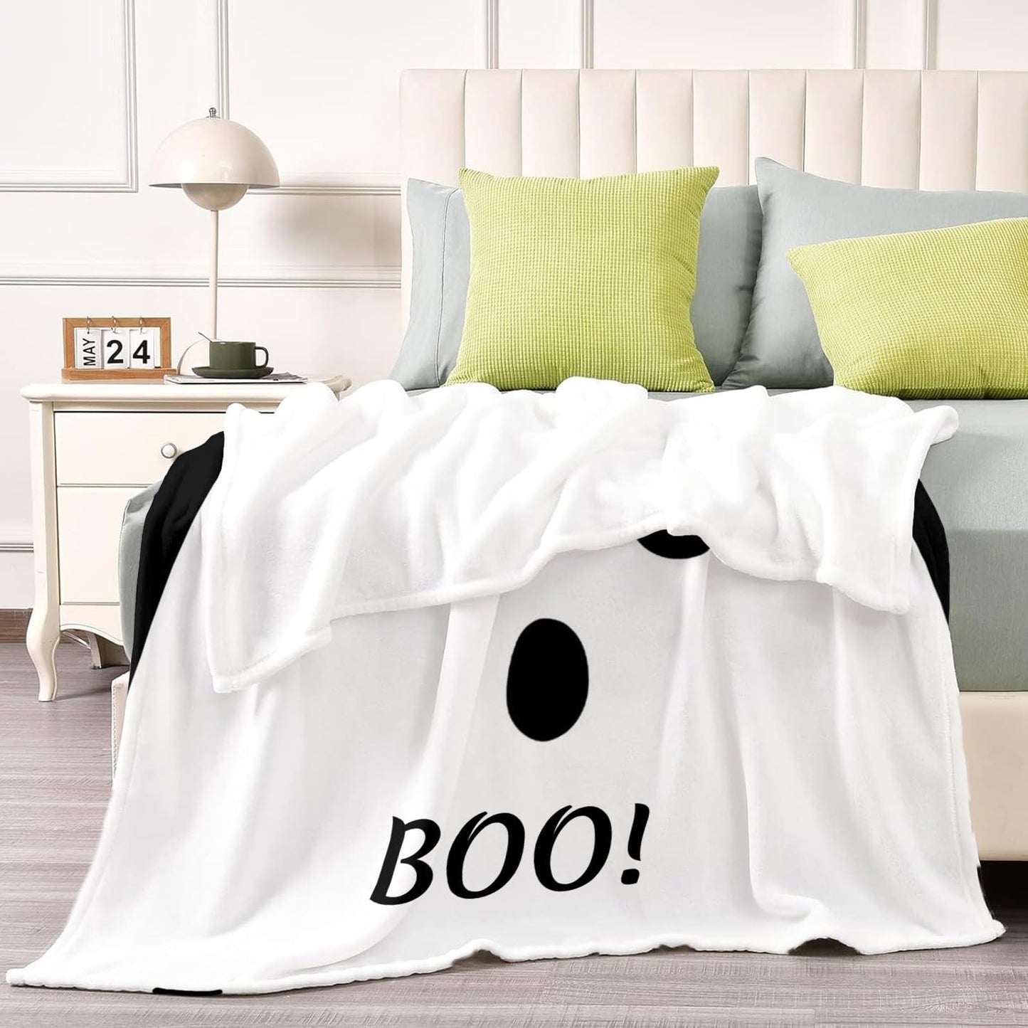 CUSFOU Halloween Throw Blanket Ghost, Personalized Blanket with Name, Cozy Flannel Blanket for Bed Couch Living Room, Black, 50" x 60"