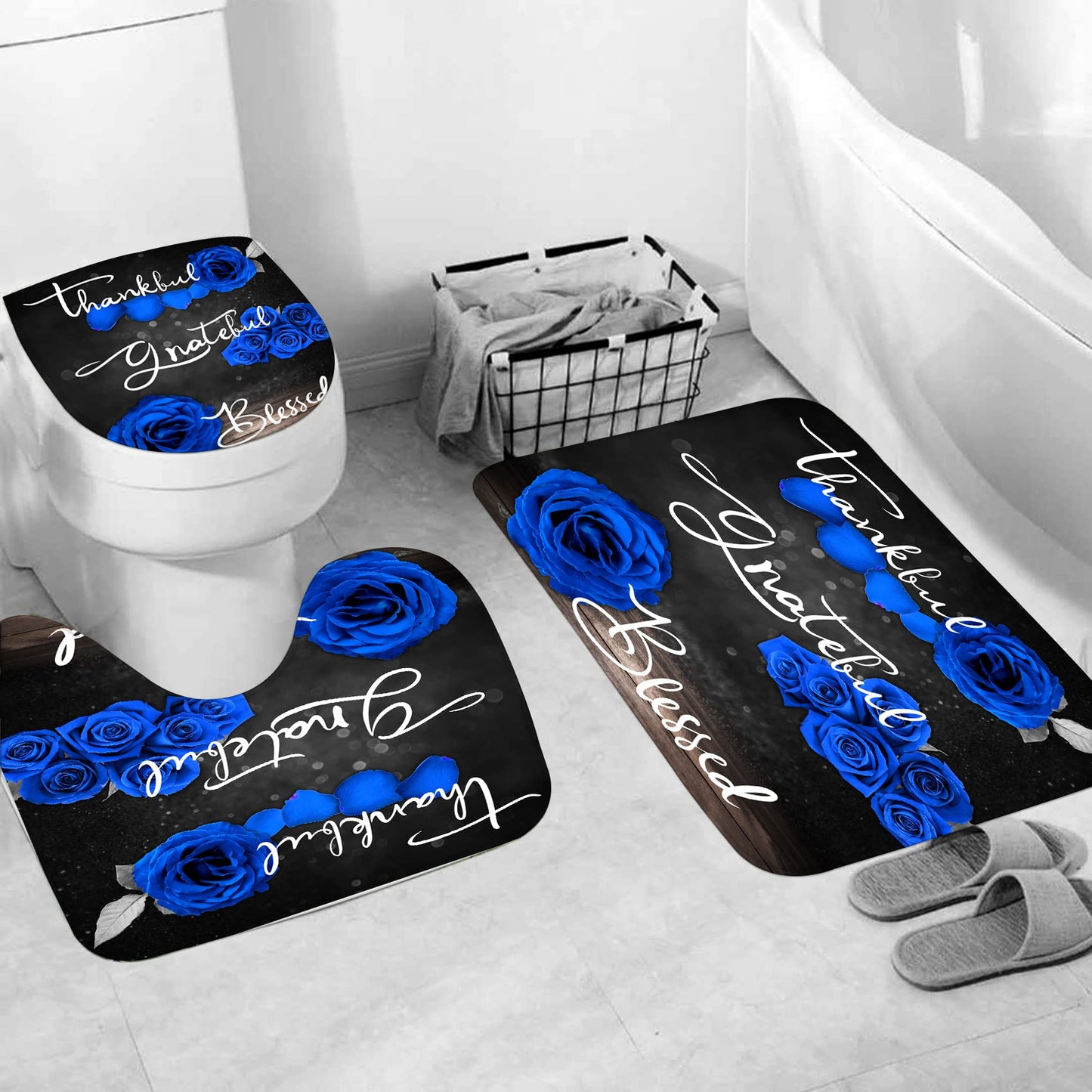 4Pcs Blue Rose Shower Curtain Set, Thankful Grateful Blessed Bathroom Curtain with Non-Slip Rug, Toilet Lid Cover, Bath Mat and 12 Hooks, Romantic Royal Blue Floral Wedding Decor for Bath, 72 x 72 in
