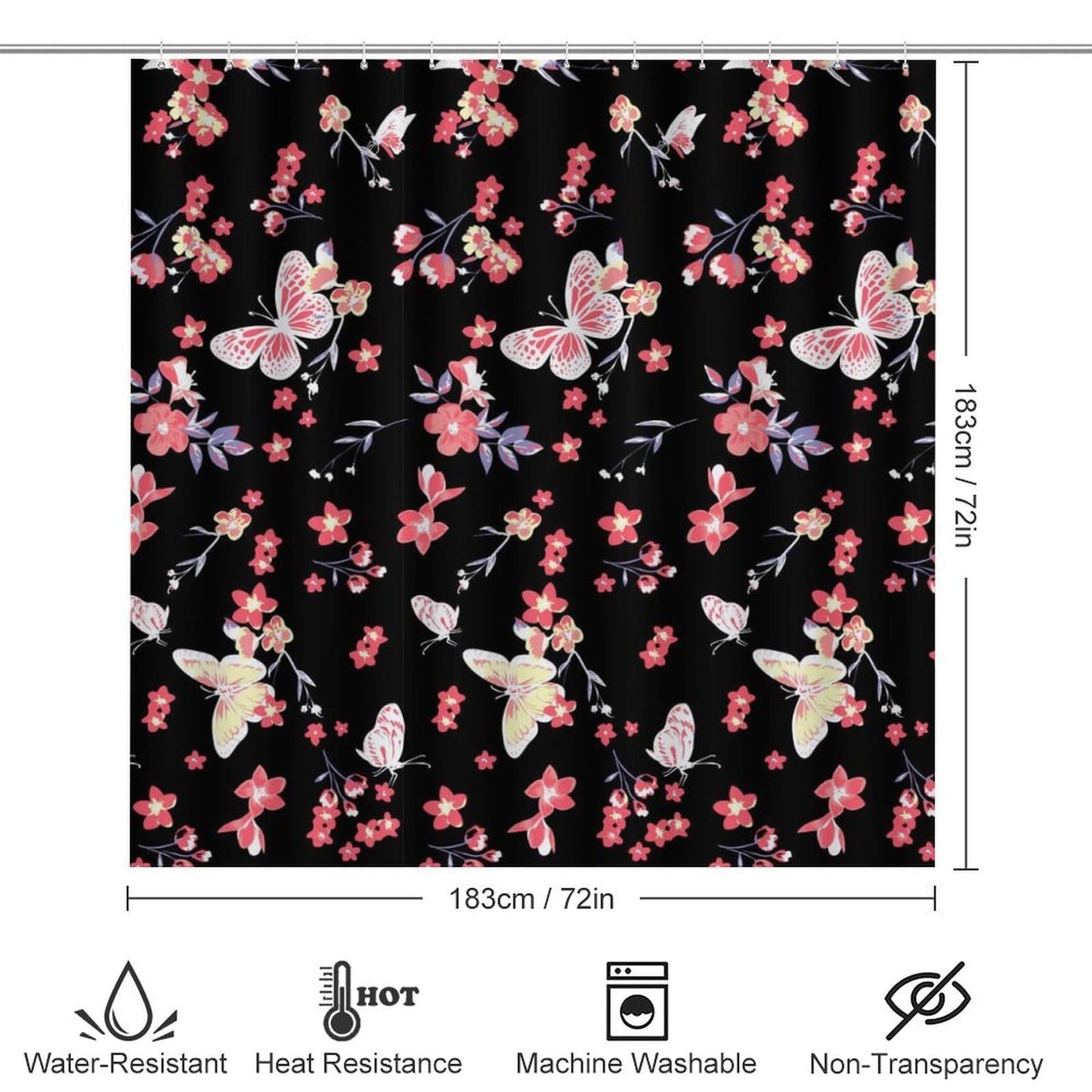 SDIII Pink Butterfly Shower Curtain Set 72x72 Inch, Waterproof Microfiber Pink Butterfly Floral Shower Curtain, Botanical Wildflowers Bathroom Decor
